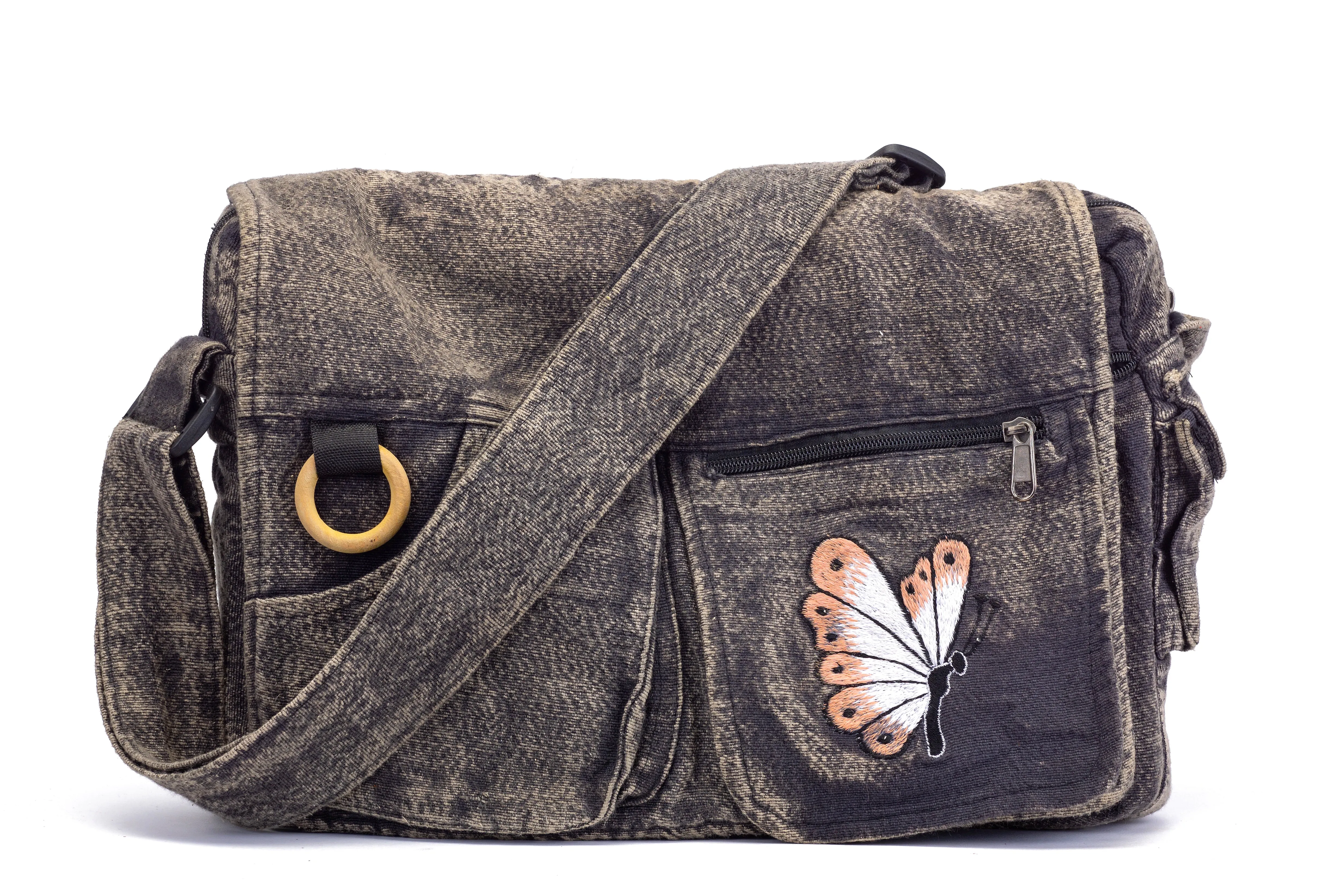 Koshi Black Stone-Washed Embroidered Laptop Messenger Bag
