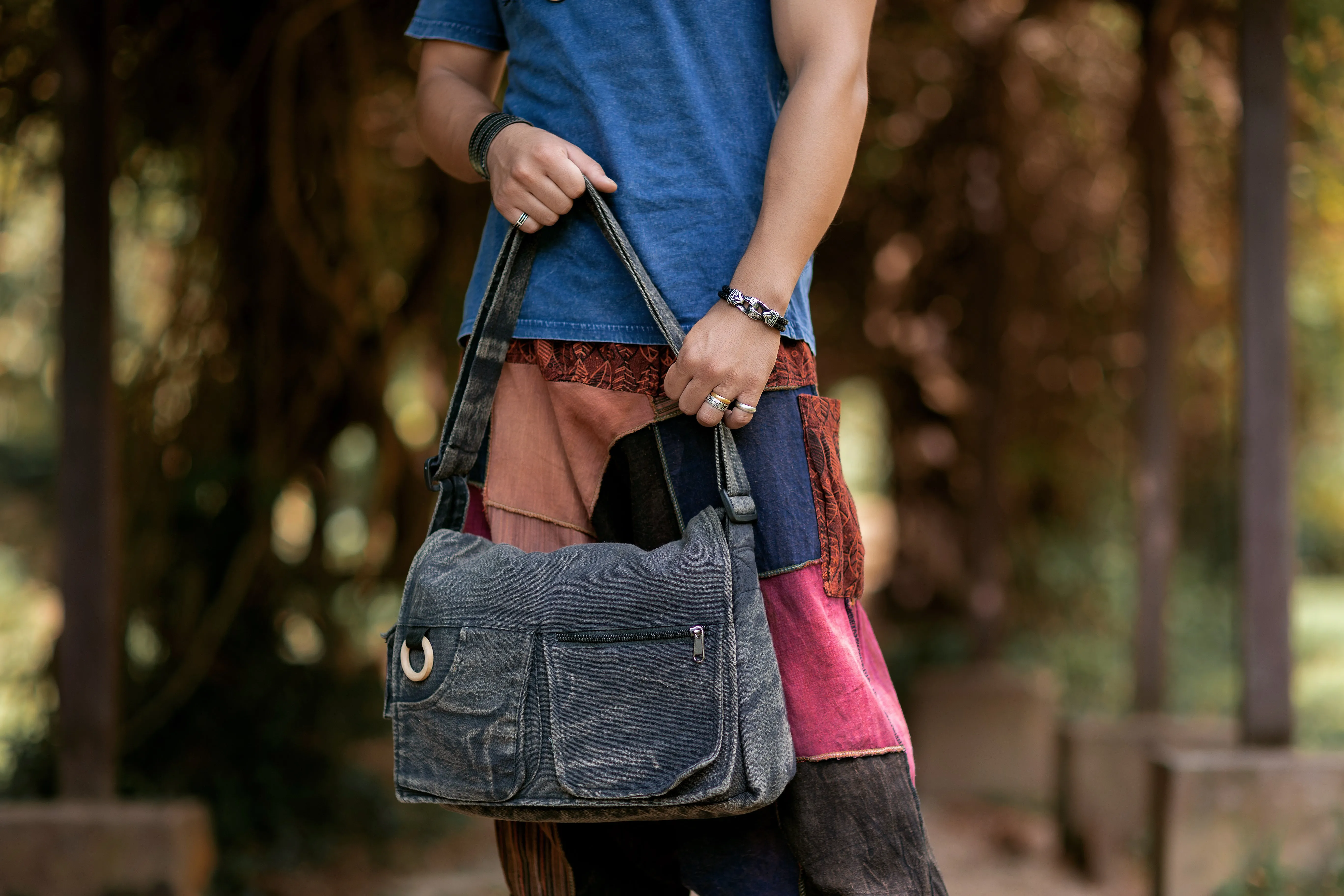 Koshi Black Stone-Washed Embroidered Laptop Messenger Bag