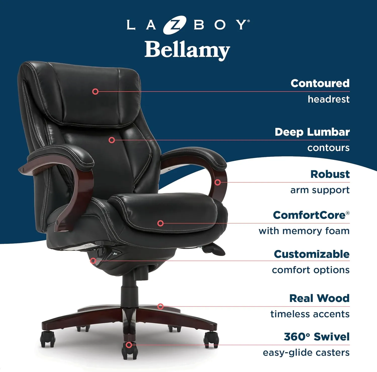 La-Z-Boy Bellamy Executive Office Chair with Memory Foam Cushions, Real Wood Arms and Swivel Base, Waterfall Seat Edge, Faux Bonded Leather, Black