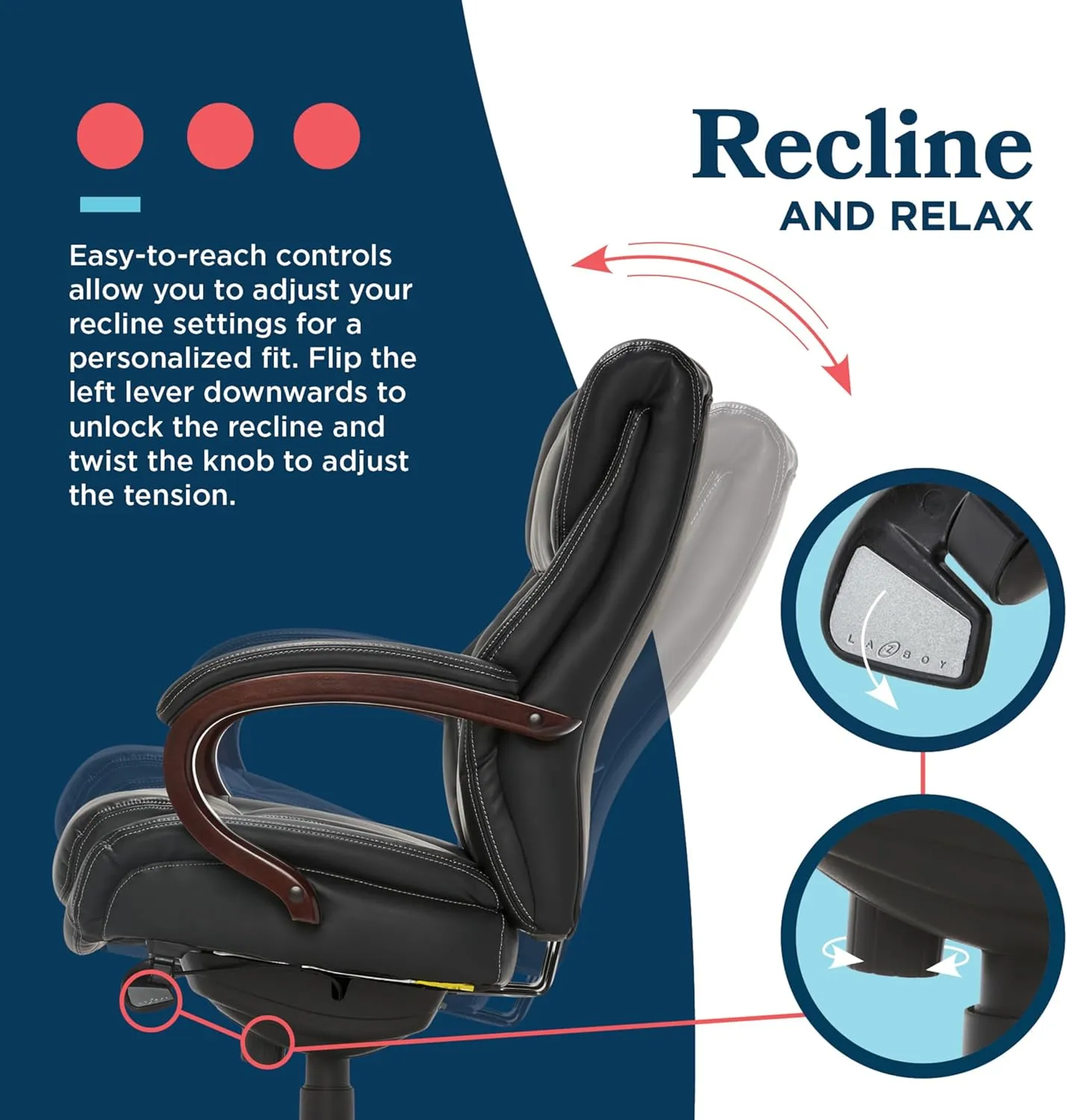 La-Z-Boy Bellamy Executive Office Chair with Memory Foam Cushions, Real Wood Arms and Swivel Base, Waterfall Seat Edge, Faux Bonded Leather, Black
