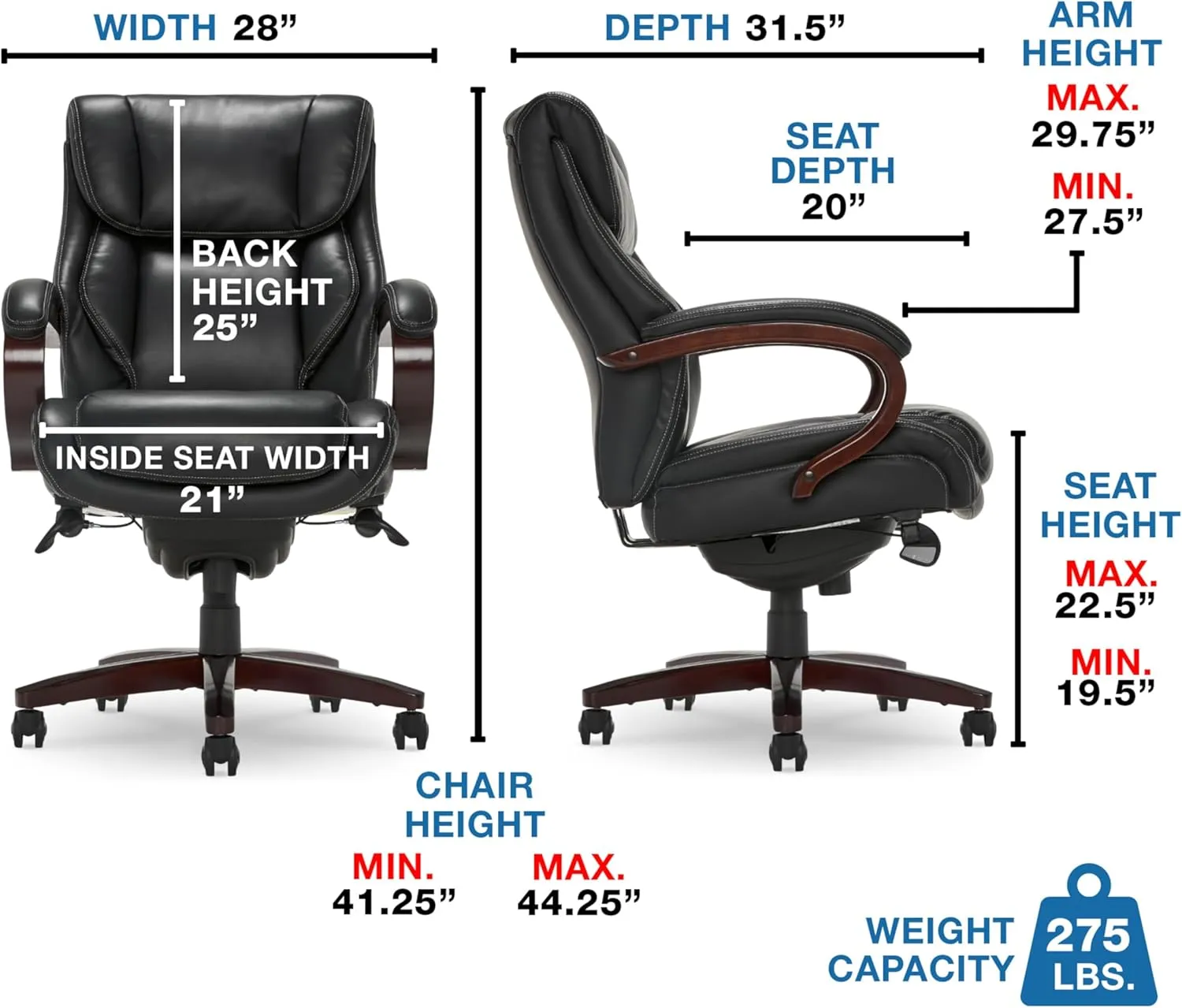 La-Z-Boy Bellamy Executive Office Chair with Memory Foam Cushions, Real Wood Arms and Swivel Base, Waterfall Seat Edge, Faux Bonded Leather, Black