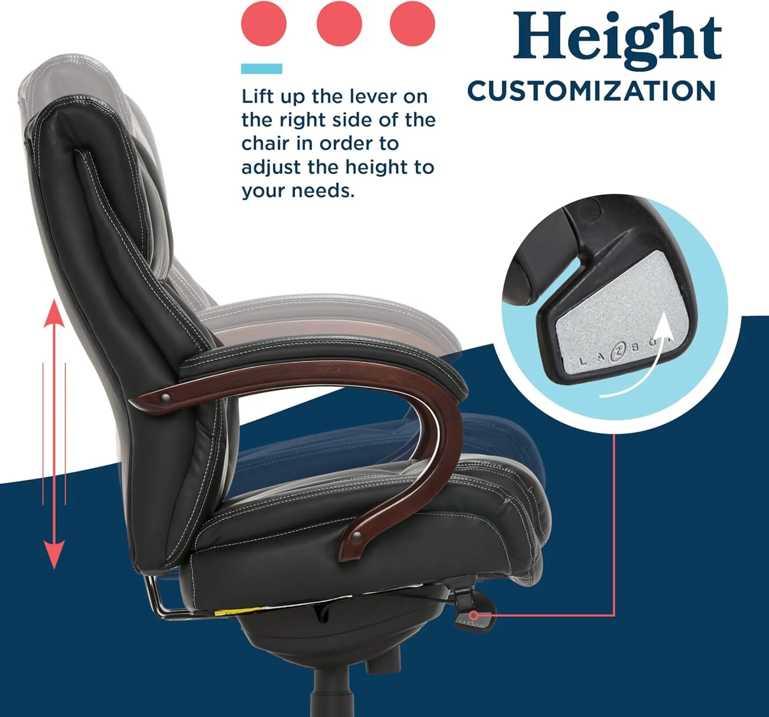 La-Z-Boy Bellamy Executive Office Chair with Memory Foam Cushions, Real Wood Arms and Swivel Base, Waterfall Seat Edge, Faux Bonded Leather, Black