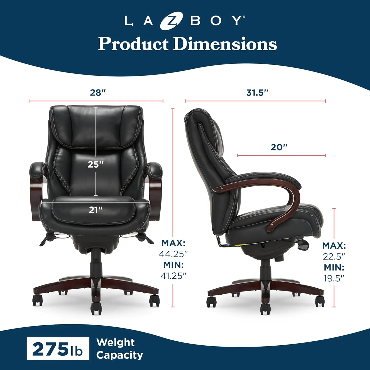 La-Z-Boy Bellamy Executive Office Chair with Memory Foam Cushions, Real Wood Arms and Swivel Base, Waterfall Seat Edge, Faux Bonded Leather, Black