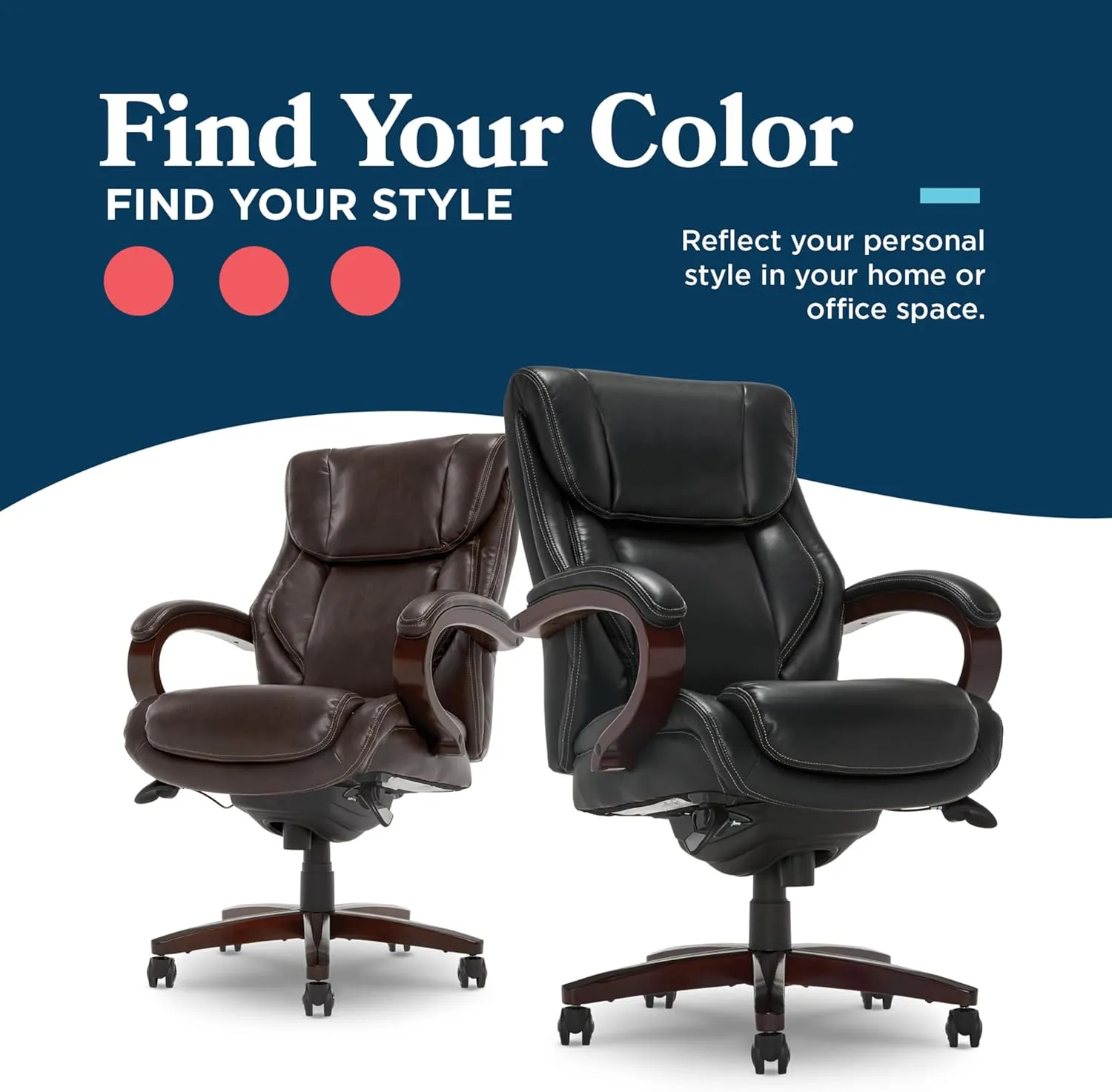 La-Z-Boy Bellamy Executive Office Chair with Memory Foam Cushions, Real Wood Arms and Swivel Base, Waterfall Seat Edge, Faux Bonded Leather, Black