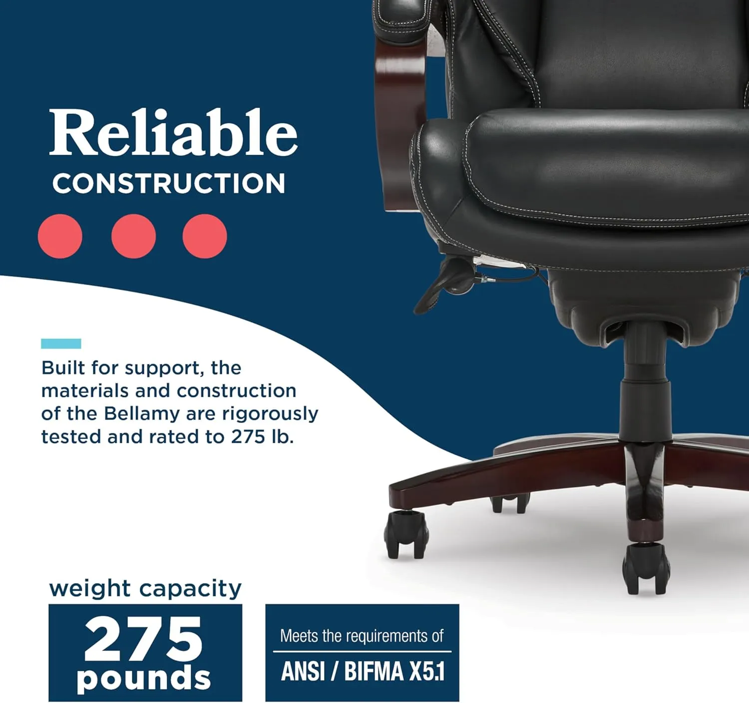 La-Z-Boy Bellamy Executive Office Chair with Memory Foam Cushions, Real Wood Arms and Swivel Base, Waterfall Seat Edge, Faux Bonded Leather, Black