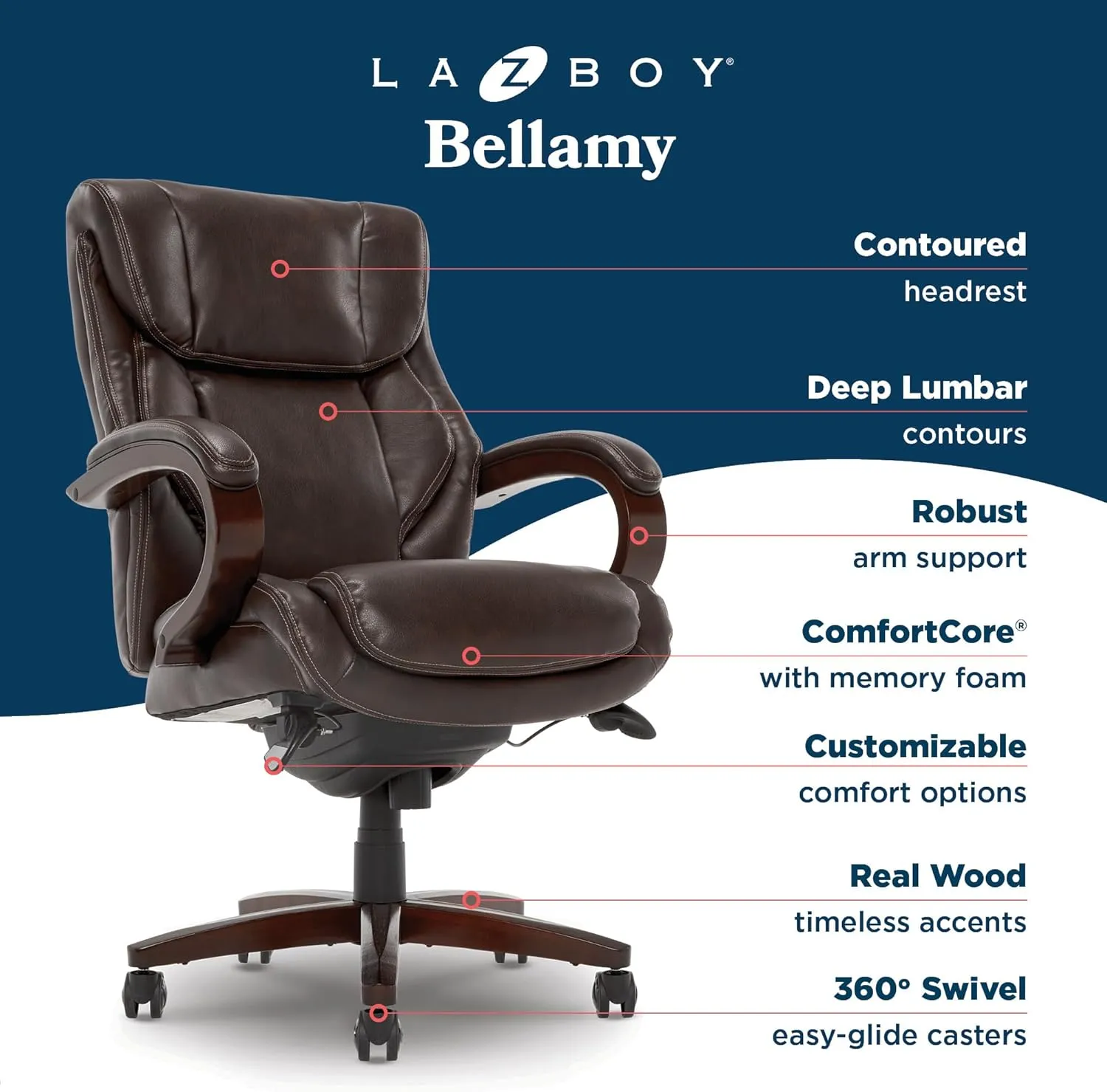 La-Z-Boy Bellamy Executive Office Chair with Memory Foam Cushions, Real Wood Arms and Swivel Base, Waterfall Seat Edge, Faux Bonded Leather, Brown