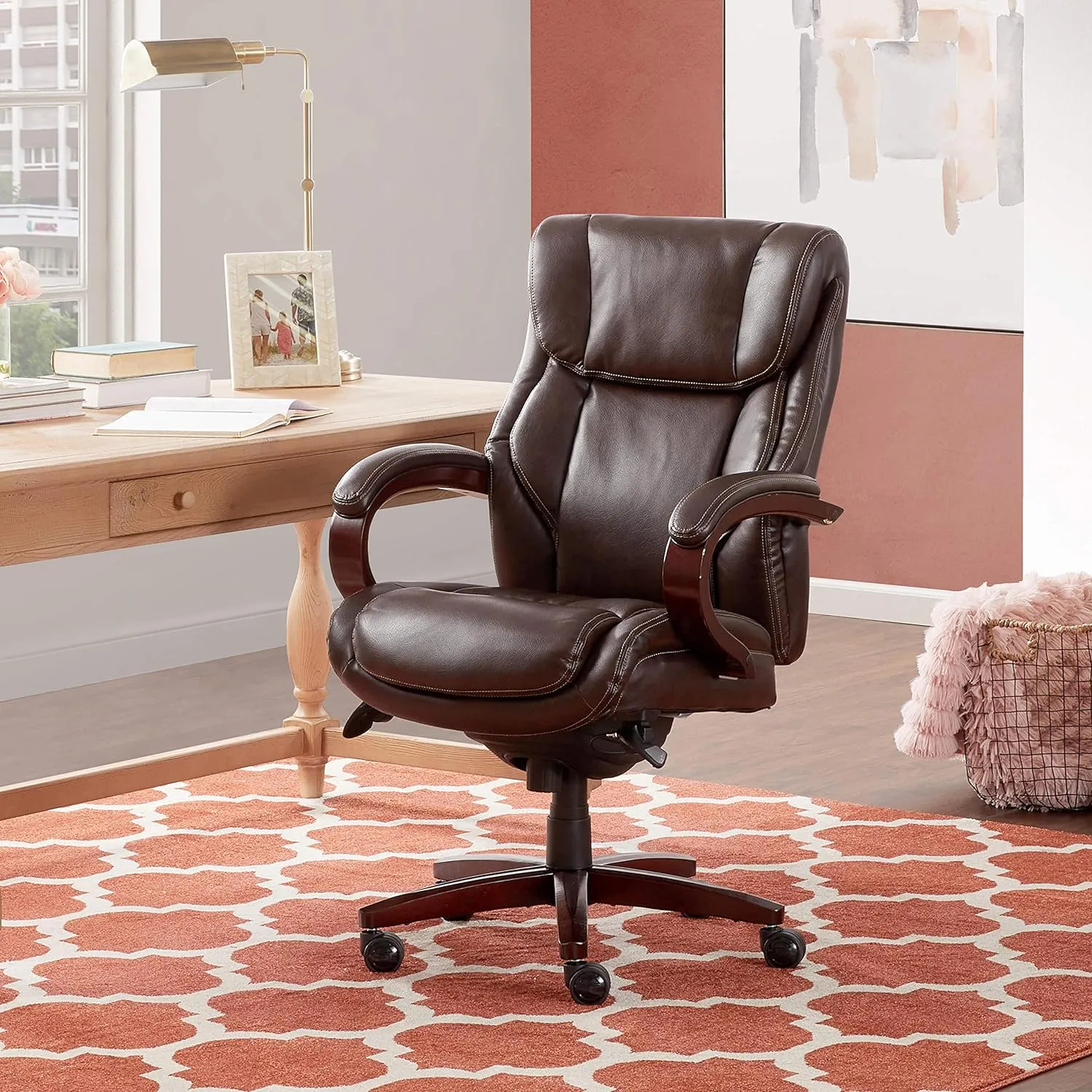 La-Z-Boy Bellamy Executive Office Chair with Memory Foam Cushions, Real Wood Arms and Swivel Base, Waterfall Seat Edge, Faux Bonded Leather, Brown