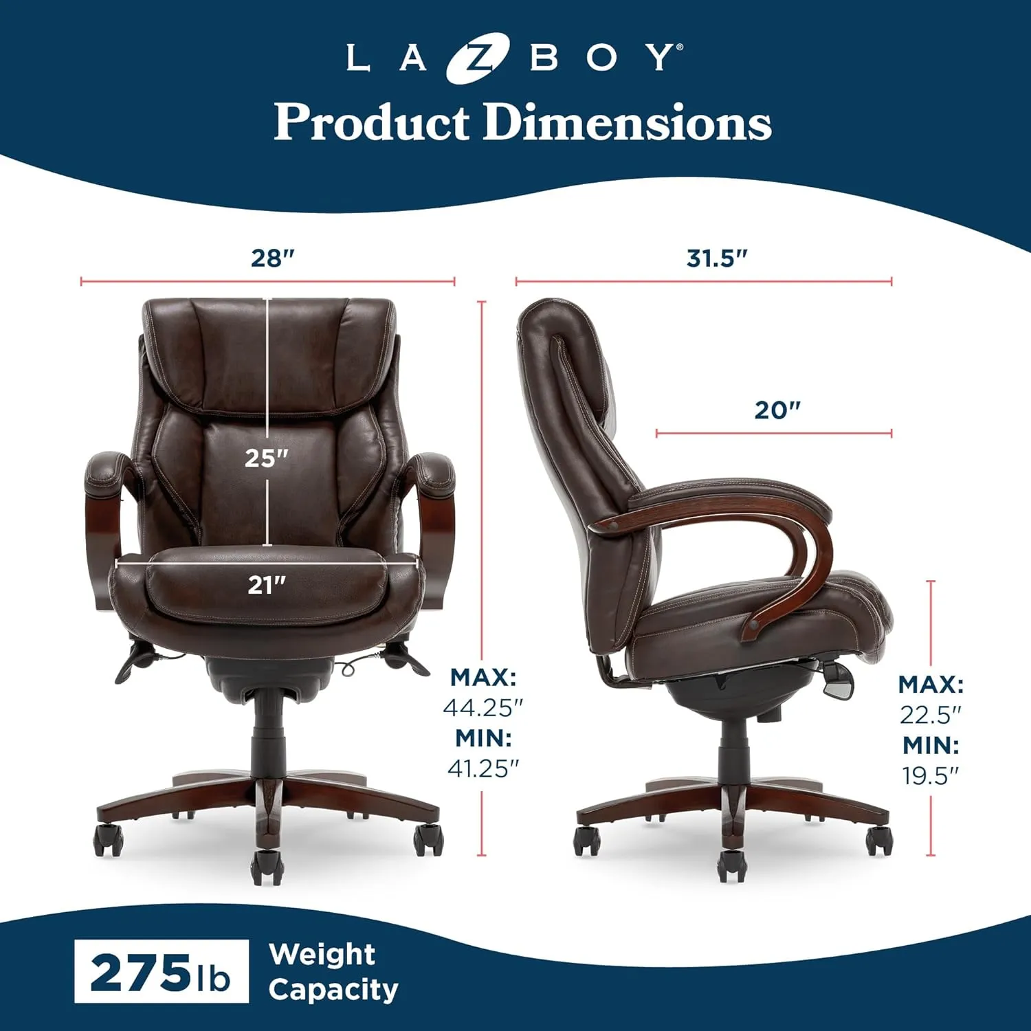 La-Z-Boy Bellamy Executive Office Chair with Memory Foam Cushions, Real Wood Arms and Swivel Base, Waterfall Seat Edge, Faux Bonded Leather, Brown