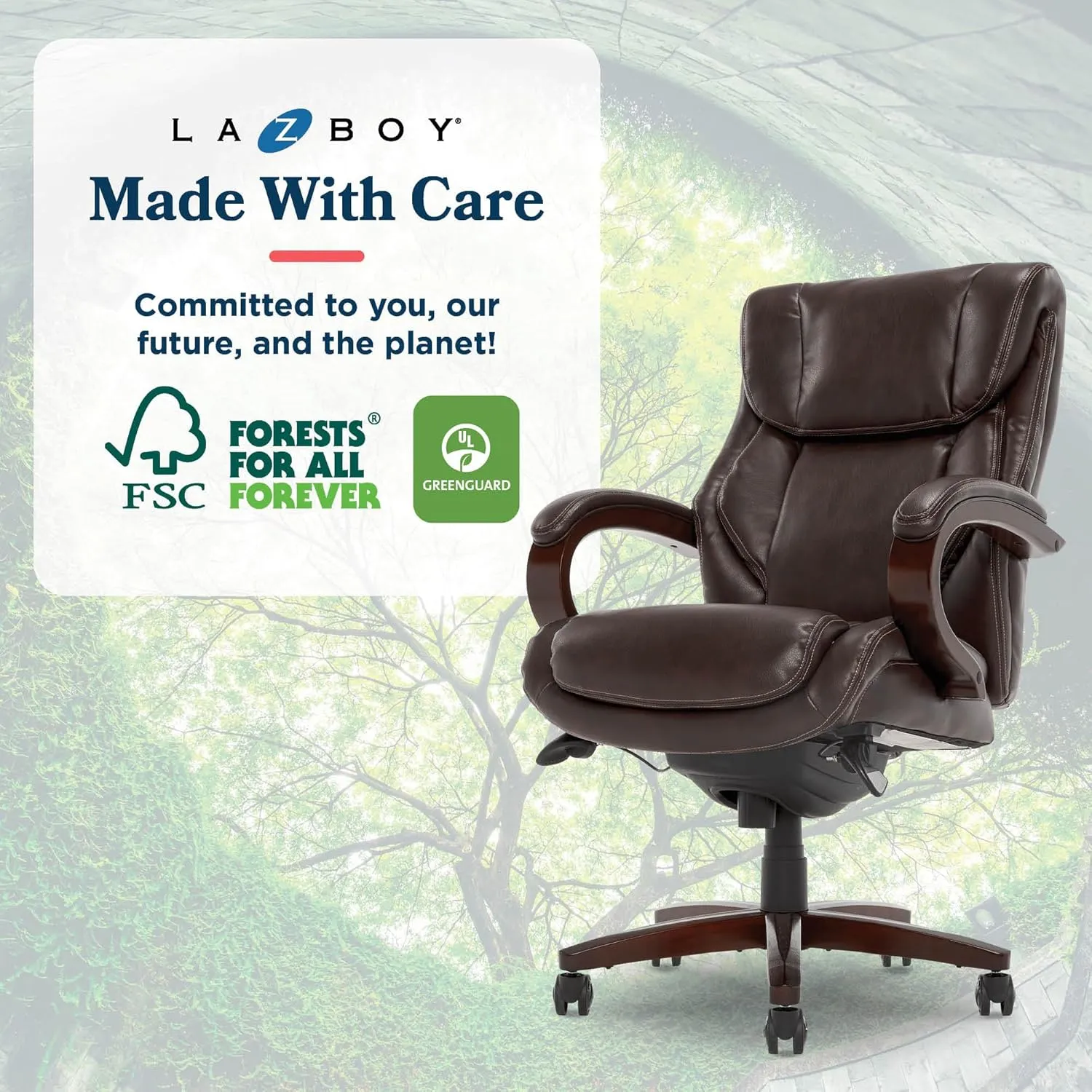 La-Z-Boy Bellamy Executive Office Chair with Memory Foam Cushions, Real Wood Arms and Swivel Base, Waterfall Seat Edge, Faux Bonded Leather, Brown