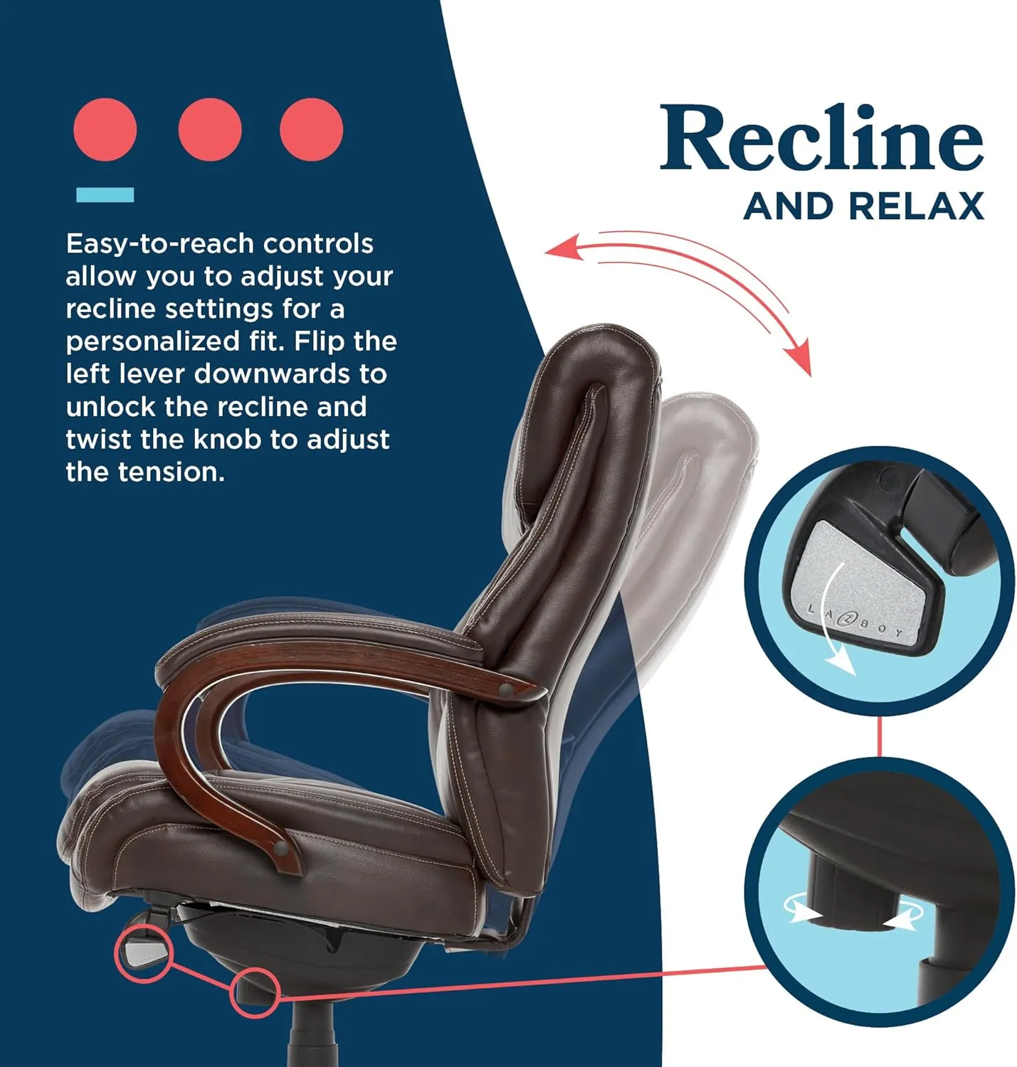 La-Z-Boy Bellamy Executive Office Chair with Memory Foam Cushions, Real Wood Arms and Swivel Base, Waterfall Seat Edge, Faux Bonded Leather, Brown