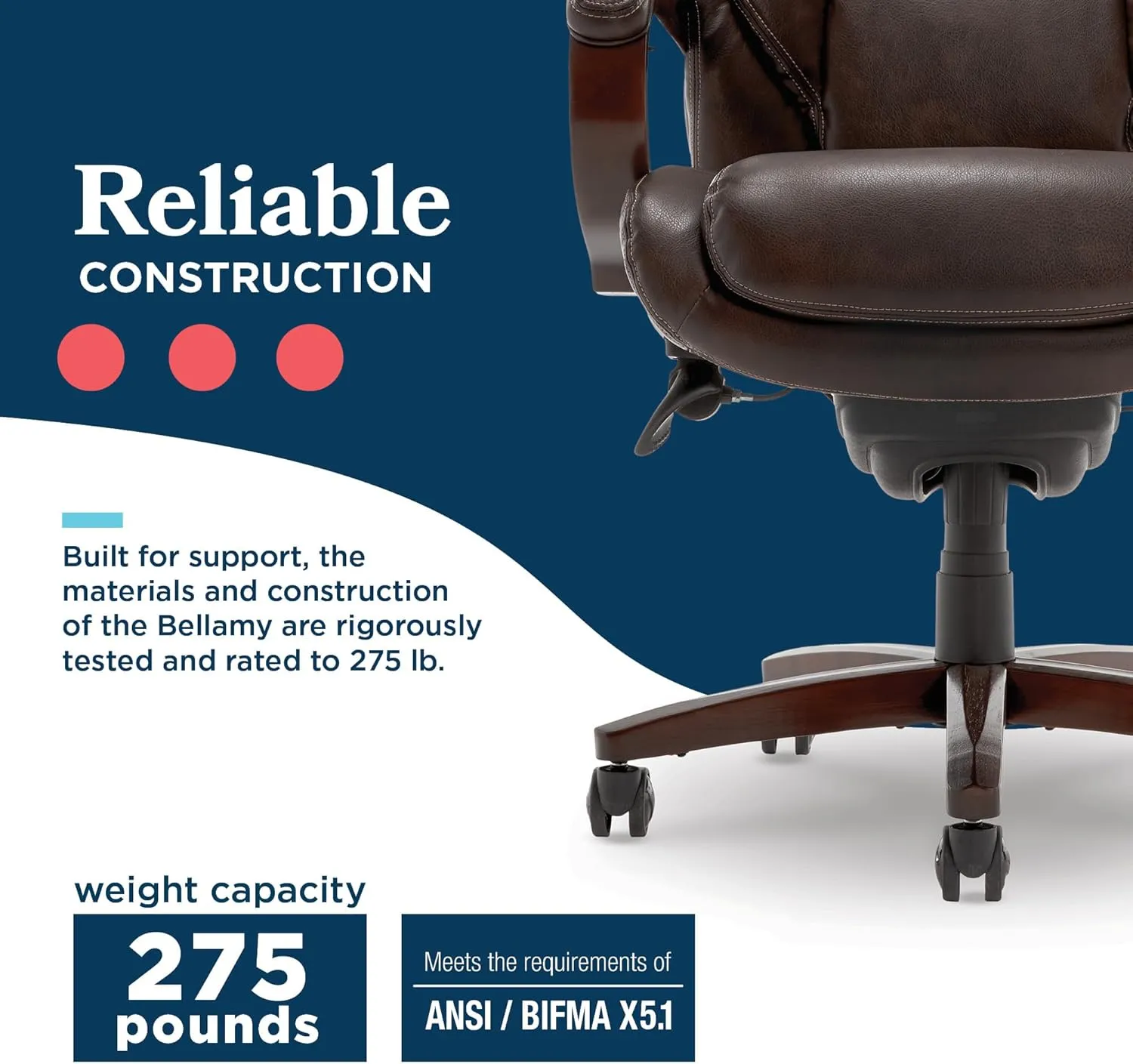 La-Z-Boy Bellamy Executive Office Chair with Memory Foam Cushions, Real Wood Arms and Swivel Base, Waterfall Seat Edge, Faux Bonded Leather, Brown