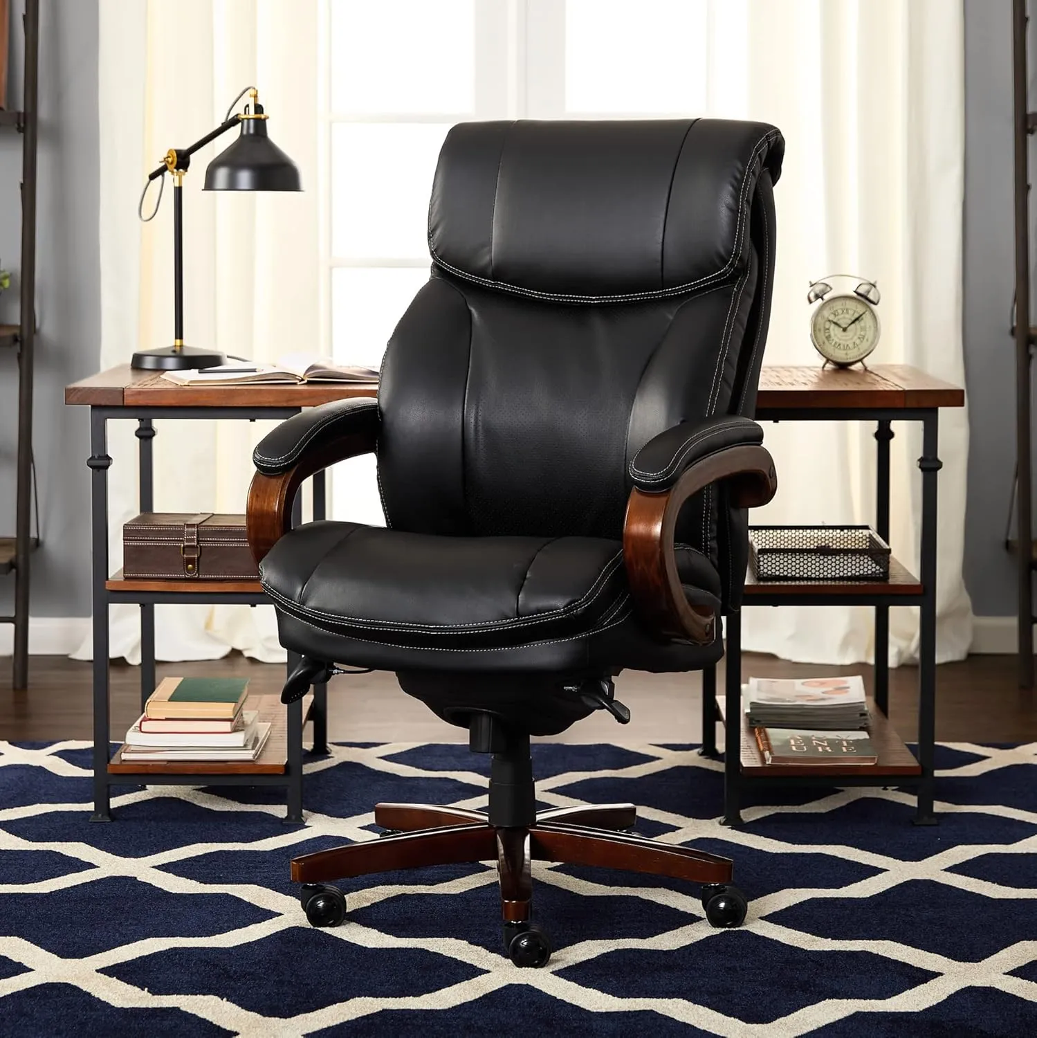 La-Z-Boy Big and Tall Trafford Executive Office AIR Technology, High Back Ergonomic Chair with Lumbar Support, Black Bonded Leather