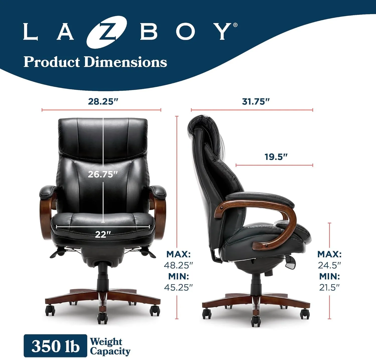 La-Z-Boy Big and Tall Trafford Executive Office AIR Technology, High Back Ergonomic Chair with Lumbar Support, Black Bonded Leather