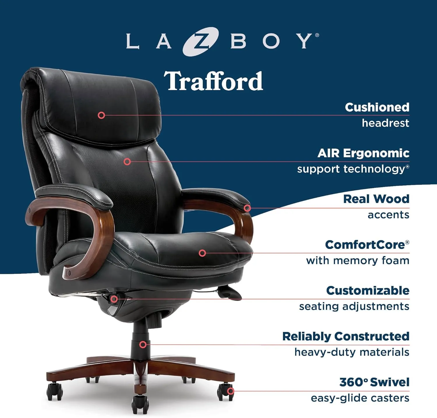 La-Z-Boy Big and Tall Trafford Executive Office AIR Technology, High Back Ergonomic Chair with Lumbar Support, Black Bonded Leather