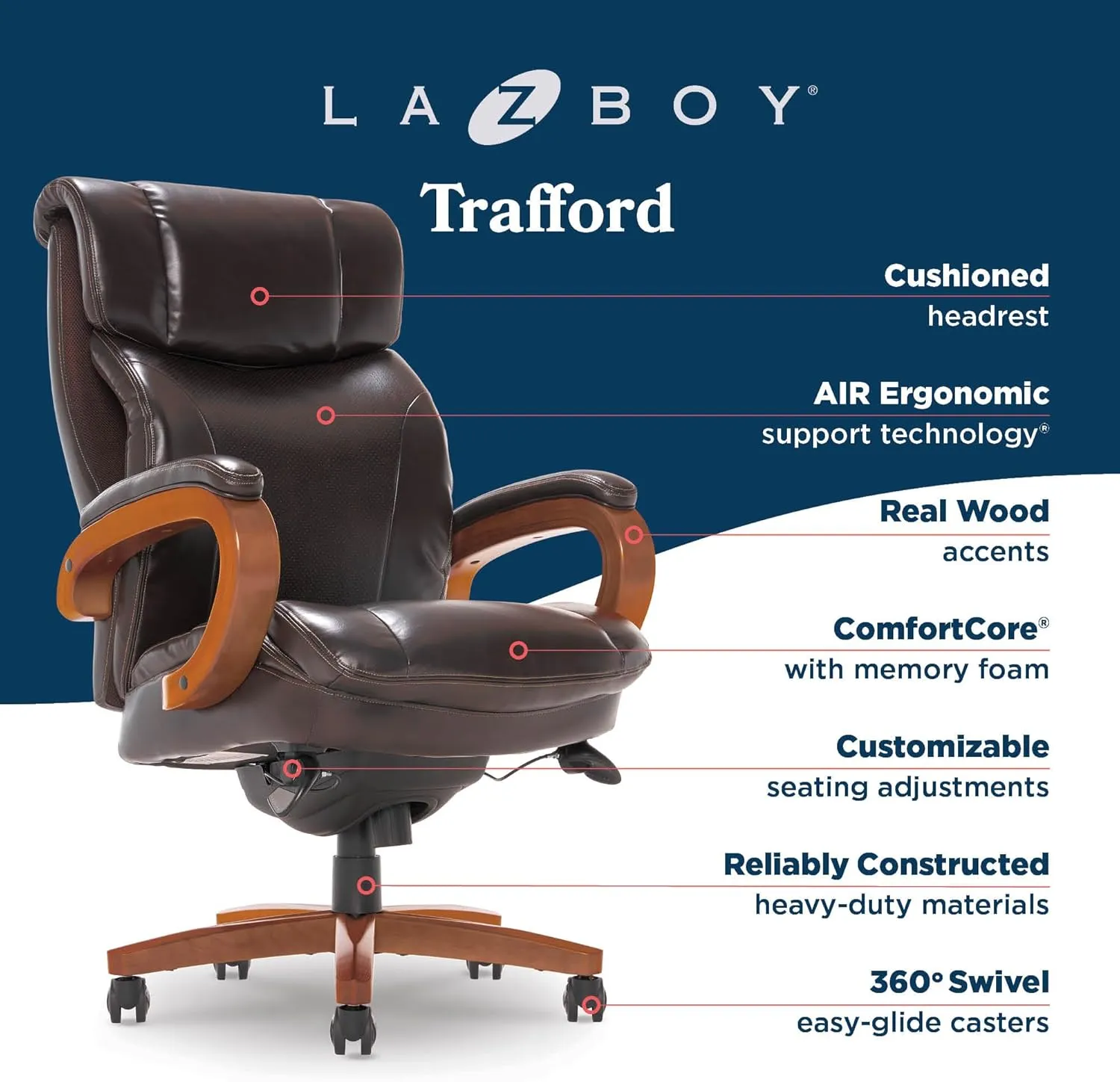 La-Z-Boy Big and Tall Trafford Executive Office AIR Technology, High Back Ergonomic Chair with Lumbar Support, Bonded Leather, Brown