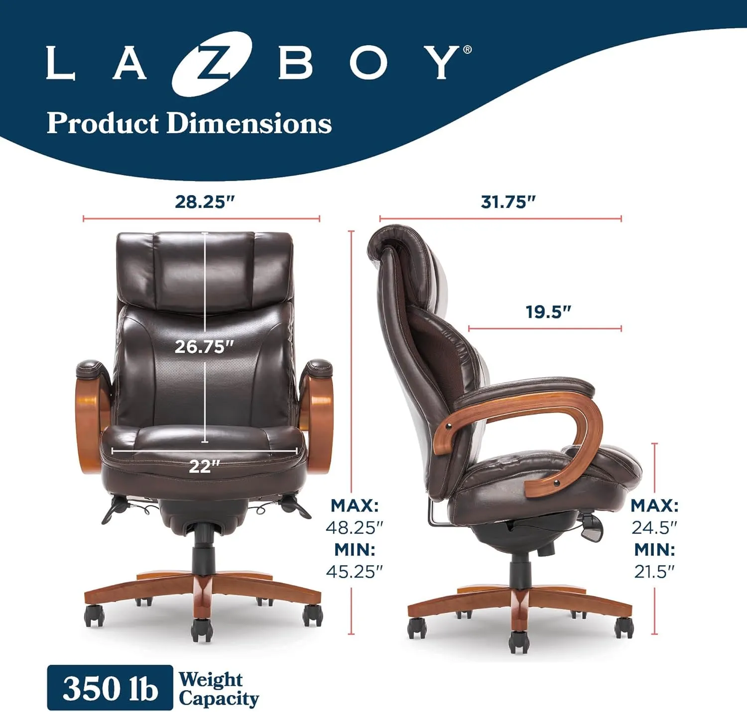 La-Z-Boy Big and Tall Trafford Executive Office AIR Technology, High Back Ergonomic Chair with Lumbar Support, Bonded Leather, Brown