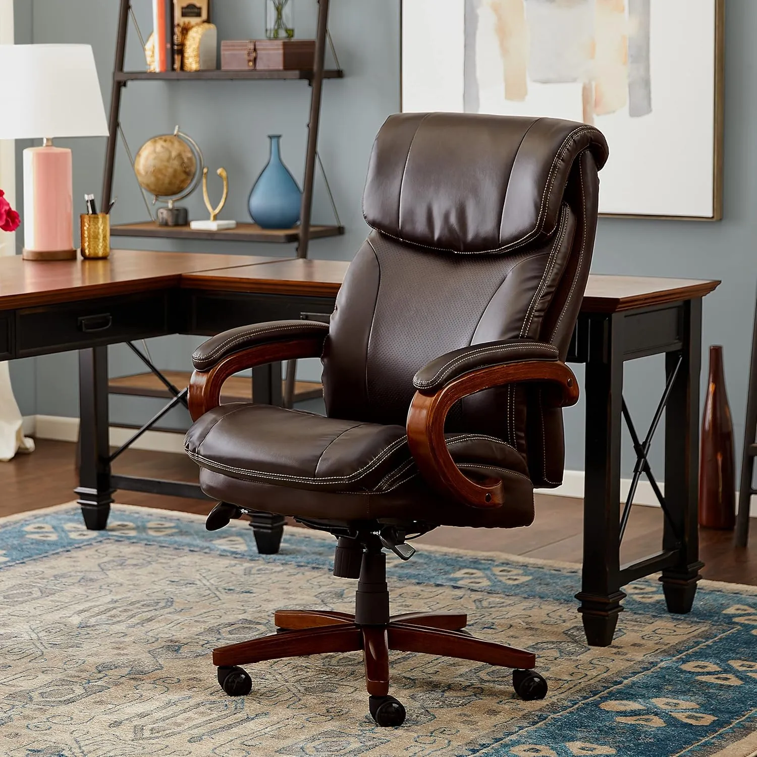 La-Z-Boy Big and Tall Trafford Executive Office AIR Technology, High Back Ergonomic Chair with Lumbar Support, Bonded Leather, Brown