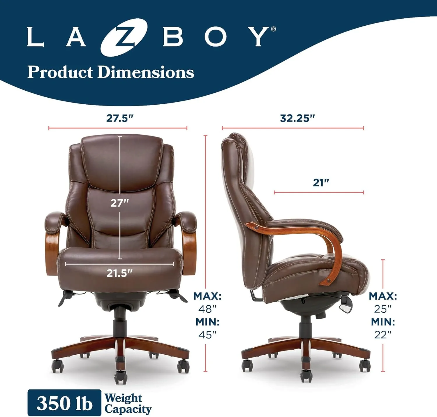 La-Z-Boy Delano Big & Tall Executive Office Chair, Ergonomic Mid-Back Body Pillow Lumbar Support, ComfortCore Memory Foam Cushion, Mahogany Wood Arms & Swivel Base, Bonded Leather, Chestnut Brown