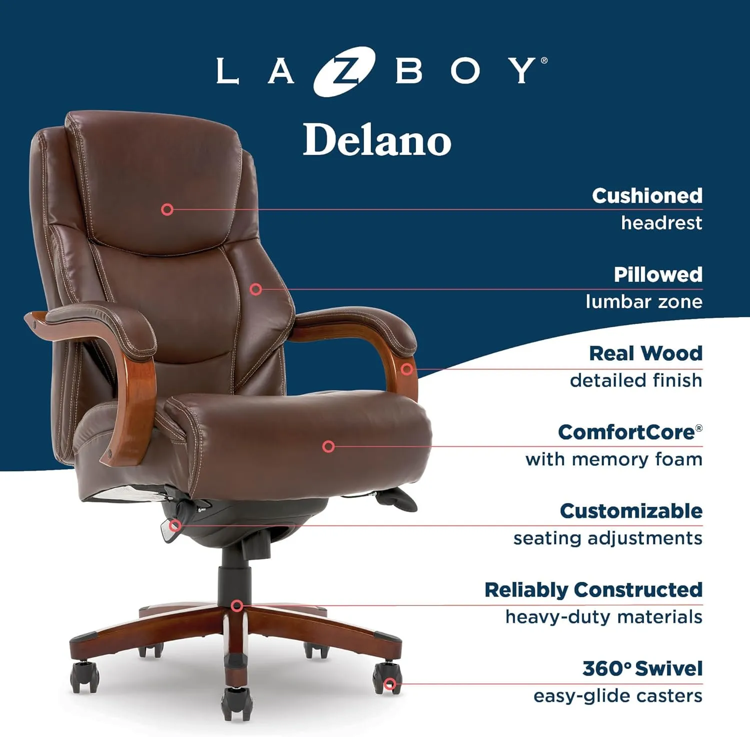 La-Z-Boy Delano Big & Tall Executive Office Chair, Ergonomic Mid-Back Body Pillow Lumbar Support, ComfortCore Memory Foam Cushion, Mahogany Wood Arms & Swivel Base, Bonded Leather, Chestnut Brown
