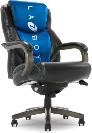 La-Z-Boy Delano Big & Tall Executive Office Chair, Ergonomic Mid-Back Body Pillow Lumbar Support, ComfortCore with Memory Foam Cushion, Weathered Gray Wood Arms & Swivel Base, Bonded Leather, Black