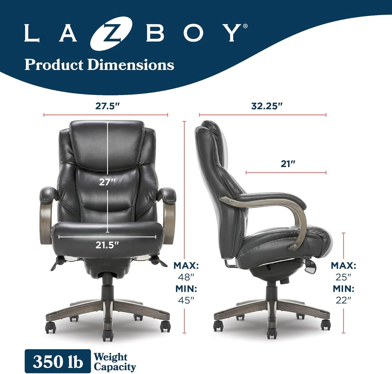 La-Z-Boy Delano Big & Tall Executive Office Chair, Ergonomic Mid-Back Body Pillow Lumbar Support, ComfortCore with Memory Foam Cushion, Weathered Gray Wood Arms & Swivel Base, Bonded Leather, Black