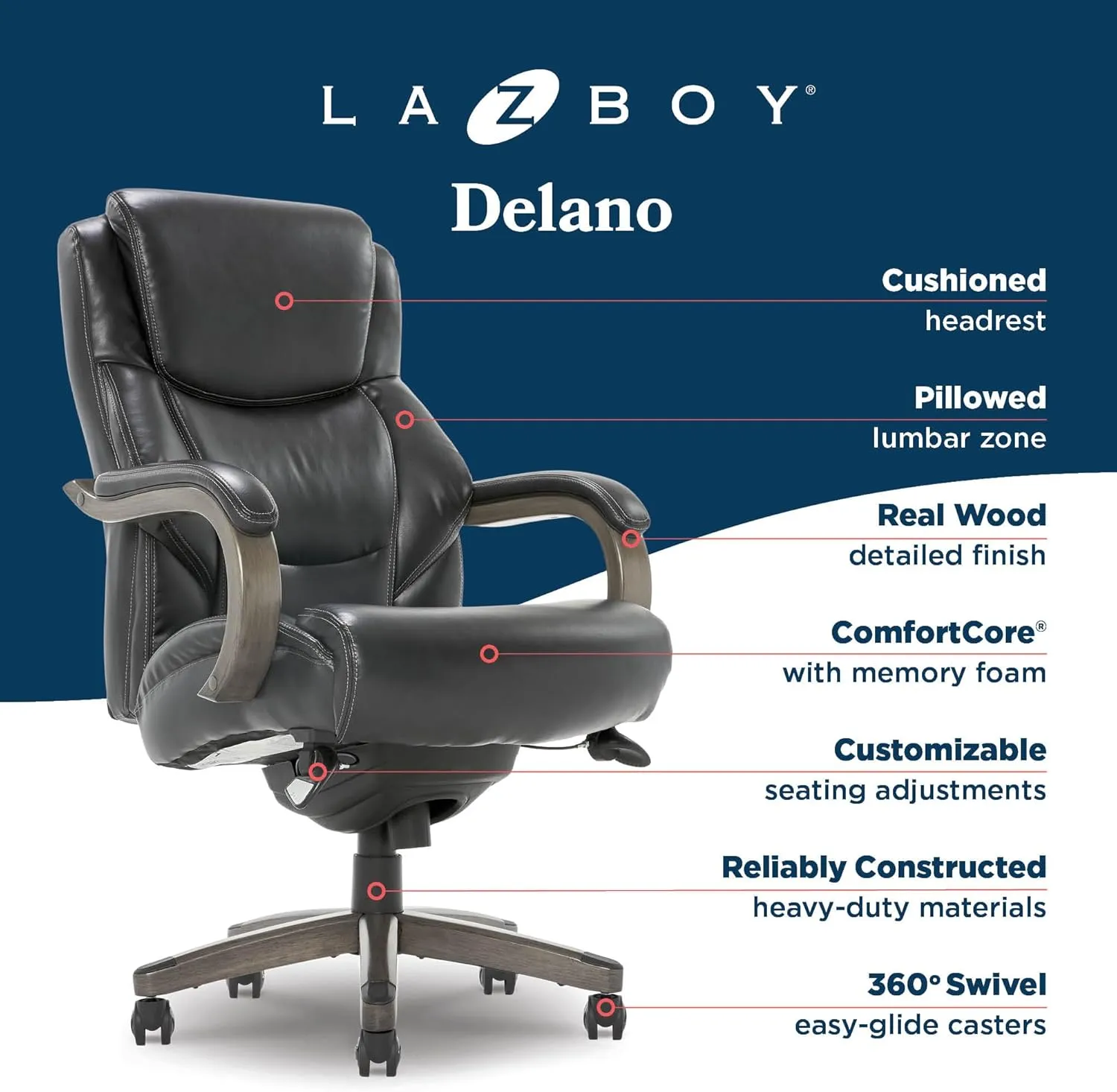 La-Z-Boy Delano Big & Tall Executive Office Chair, Ergonomic Mid-Back Body Pillow Lumbar Support, ComfortCore with Memory Foam Cushion, Weathered Gray Wood Arms & Swivel Base, Bonded Leather, Black