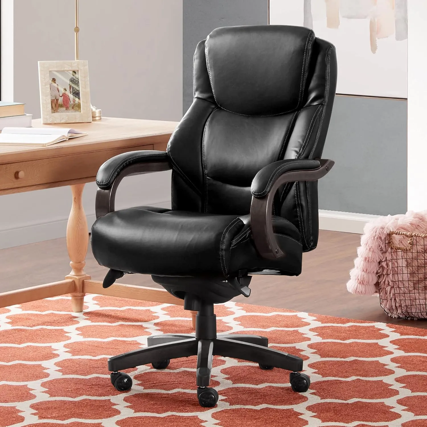 La-Z-Boy Delano Big & Tall Executive Office Chair, Ergonomic Mid-Back Body Pillow Lumbar Support, ComfortCore with Memory Foam Cushion, Weathered Gray Wood Arms & Swivel Base, Bonded Leather, Black