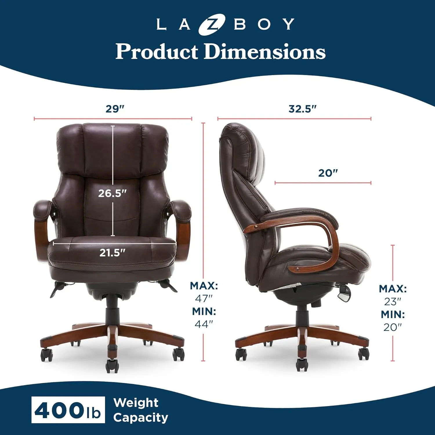 La-Z-Boy Fairmont Big and Tall Executive Office Chair with Memory Foam Cushions, High-Back with Solid Wood Arms and Base, Bonded Leather, Biscuit Brown