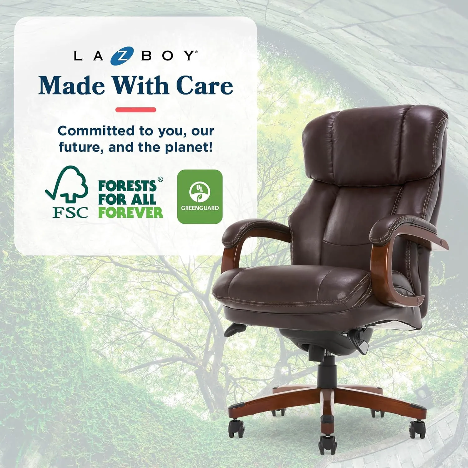 La-Z-Boy Fairmont Big and Tall Executive Office Chair with Memory Foam Cushions, High-Back with Solid Wood Arms and Base, Bonded Leather, Biscuit Brown
