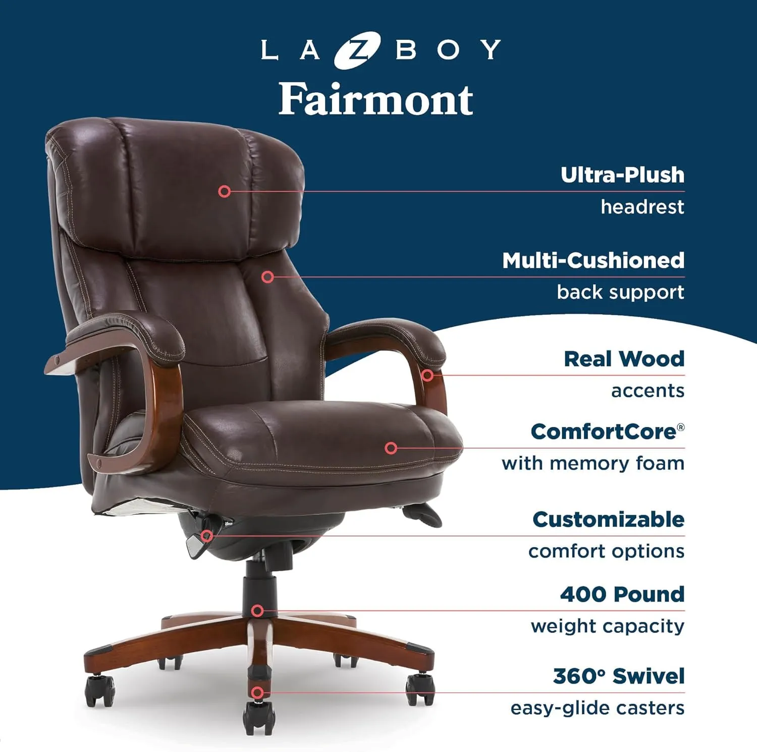La-Z-Boy Fairmont Big and Tall Executive Office Chair with Memory Foam Cushions, High-Back with Solid Wood Arms and Base, Bonded Leather, Biscuit Brown