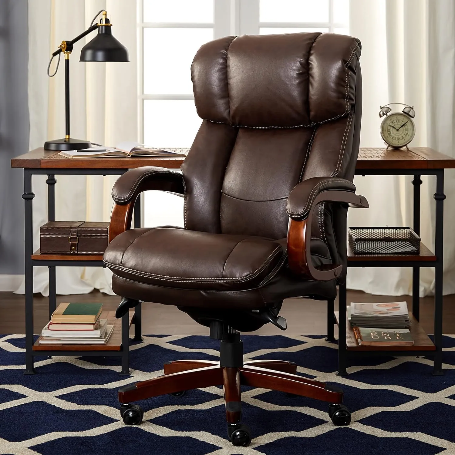 La-Z-Boy Fairmont Big and Tall Executive Office Chair with Memory Foam Cushions, High-Back with Solid Wood Arms and Base, Bonded Leather, Biscuit Brown