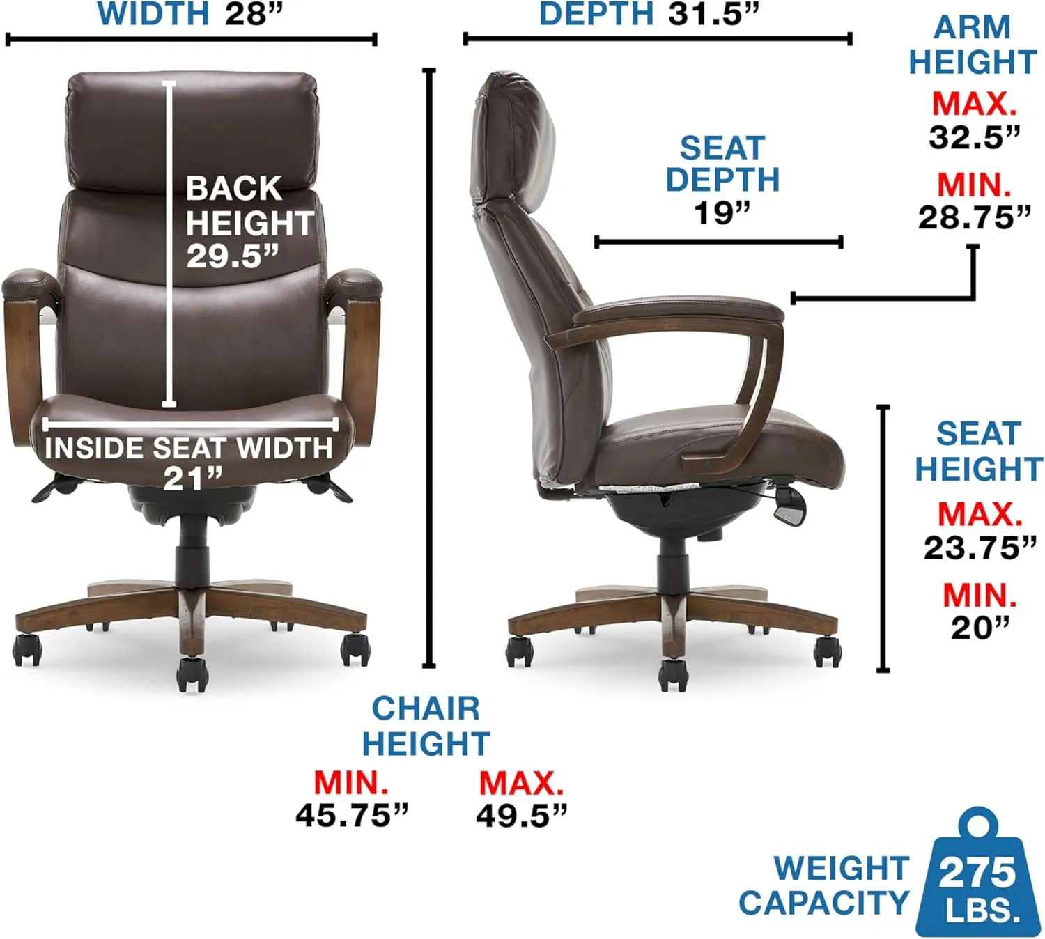 La-Z-Boy Greyson Modern Executive Office Chair, Solid Wood Arms and Wheeled Base, Ergonomic High-Back Chair with Lumbar Support, Bonded Leather, Brown
