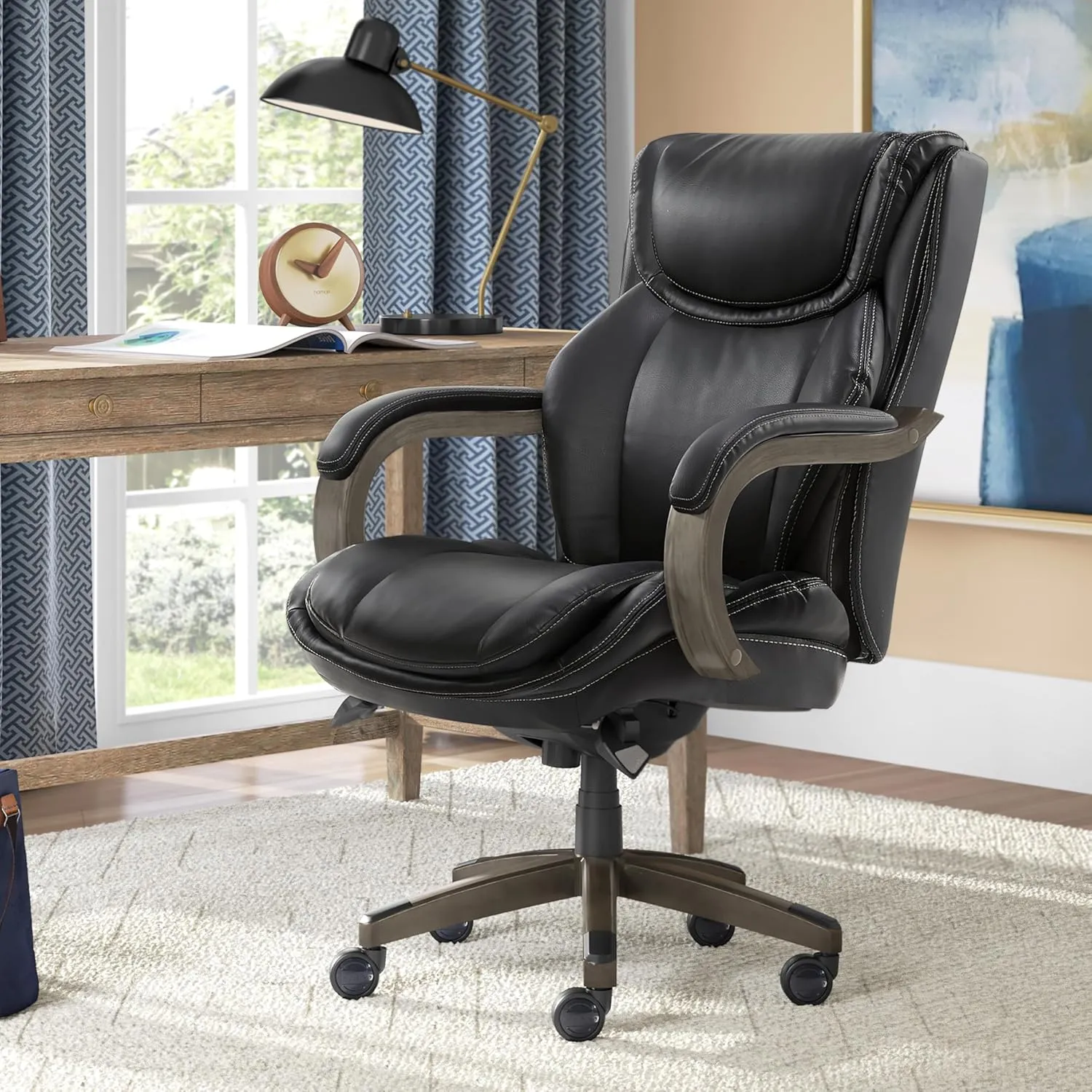La-Z-Boy Harnett Big and Tall Executive Office Chair, Ergonomic High-Back Chair with Solid Wood Arms, ComfortCore with Memory Foam Cushions, Bonded Leather, Black