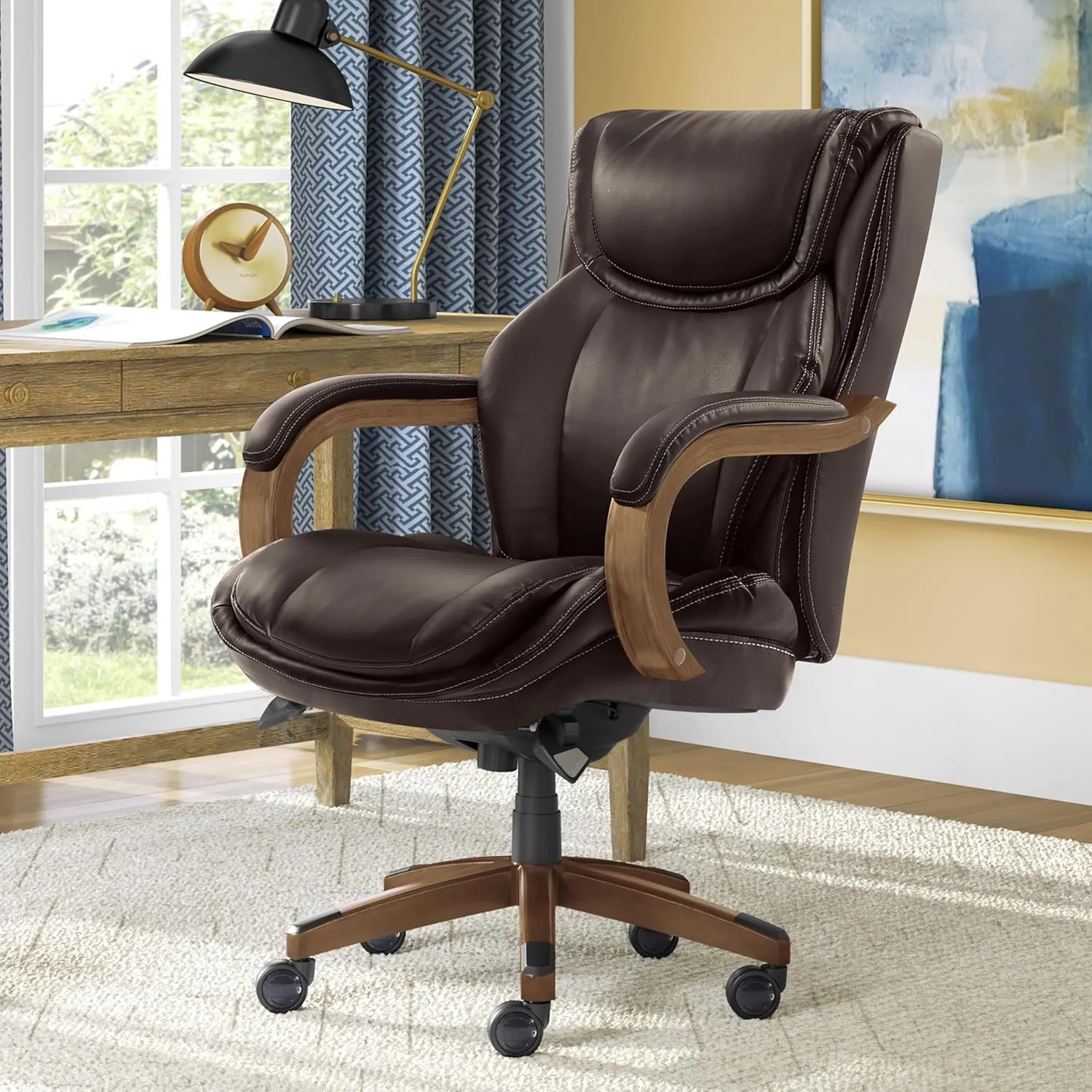 La-Z-Boy Harnett Big and Tall Executive Office Chair, Ergonomic High-Back Chair with Solid Wood Arms, ComfortCore with Memory Foam Cushions, Bonded Leather, Coffee Brown