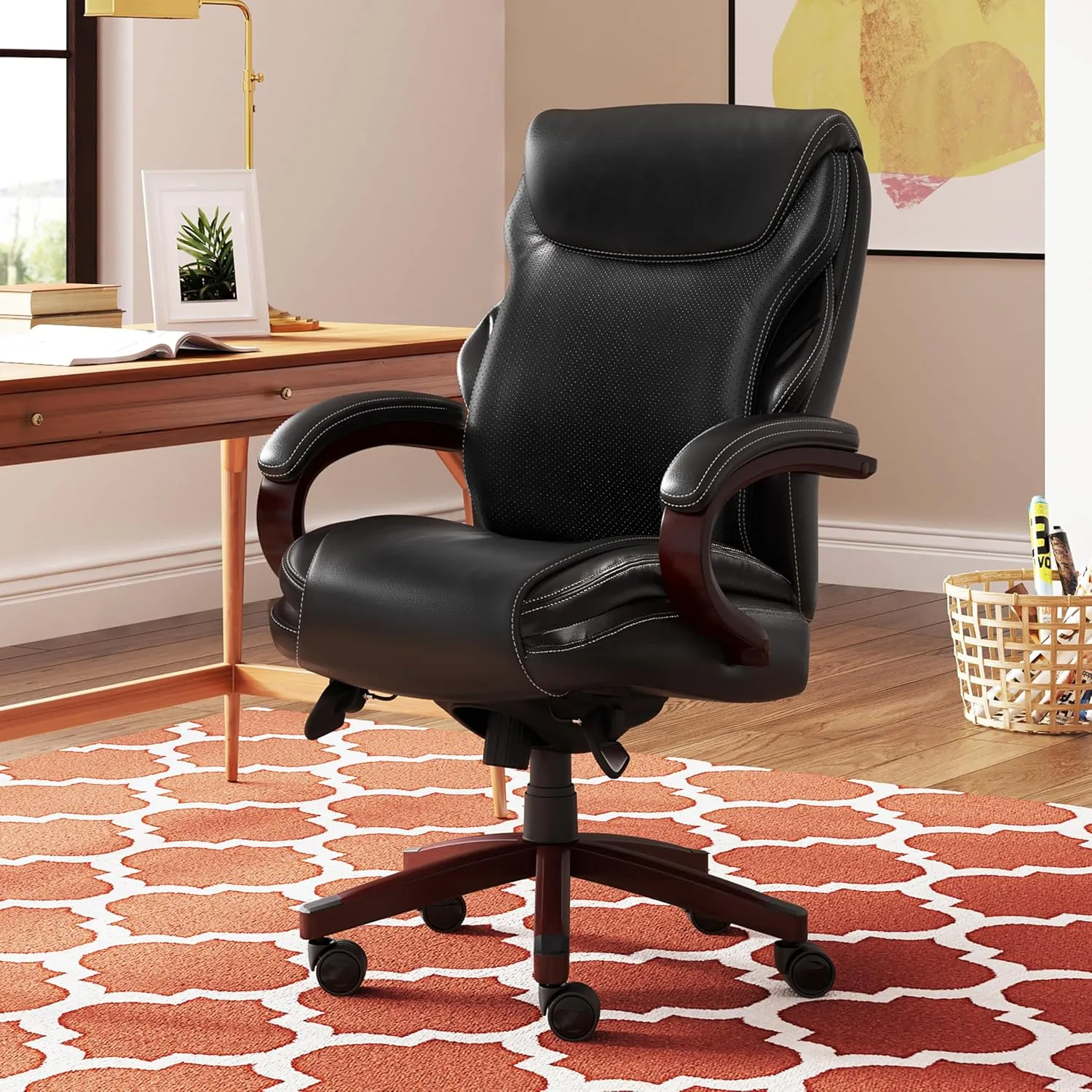La-Z-Boy® Hyland Executive Office Chair with AIR Lumbar Technology, Adjustable High Back Ergonomic Desk Chair with Lumbar Support, Mahogany Wood Finish, Bonded Leather, Black