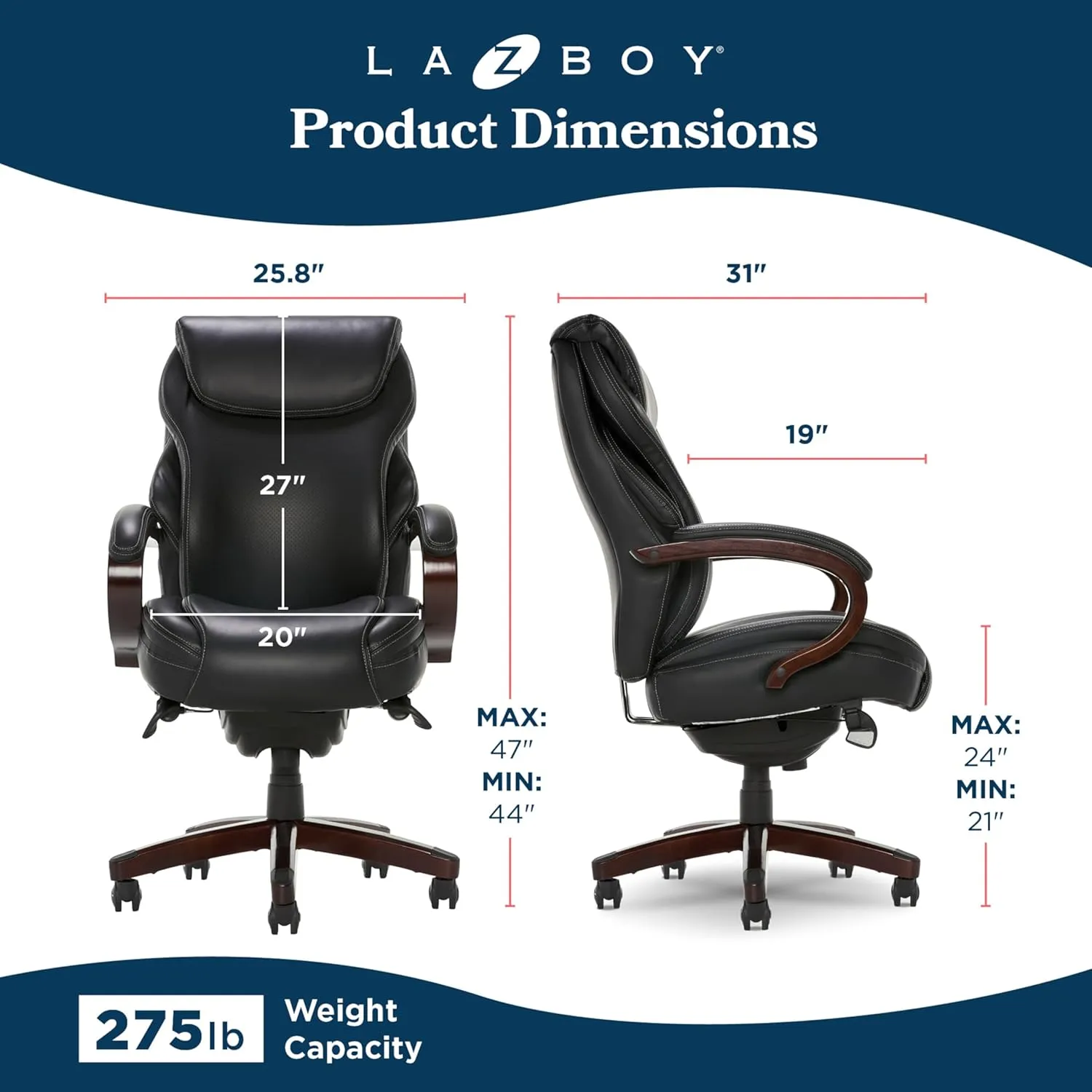 La-Z-Boy® Hyland Executive Office Chair with AIR Lumbar Technology, Adjustable High Back Ergonomic Desk Chair with Lumbar Support, Mahogany Wood Finish, Bonded Leather, Black