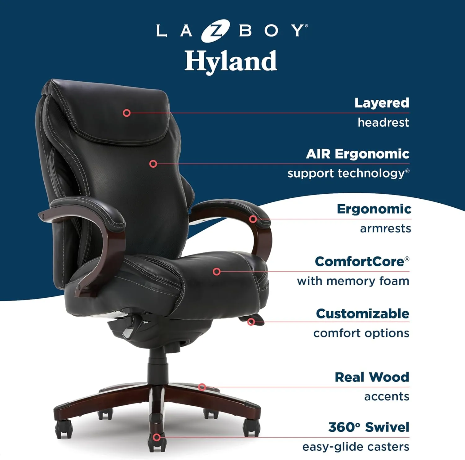 La-Z-Boy® Hyland Executive Office Chair with AIR Lumbar Technology, Adjustable High Back Ergonomic Desk Chair with Lumbar Support, Mahogany Wood Finish, Bonded Leather, Black