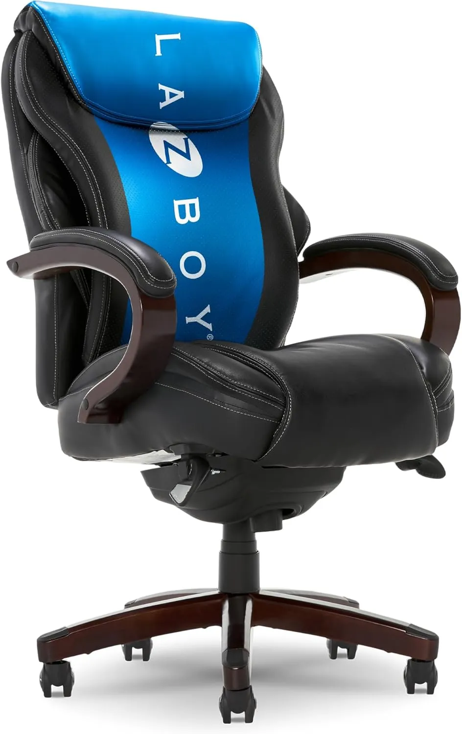 La-Z-Boy® Hyland Executive Office Chair with AIR Lumbar Technology, Adjustable High Back Ergonomic Desk Chair with Lumbar Support, Mahogany Wood Finish, Bonded Leather, Black
