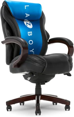 La-Z-Boy® Hyland Executive Office Chair with AIR Lumbar Technology, Adjustable High Back Ergonomic Desk Chair with Lumbar Support, Mahogany Wood Finish, Bonded Leather, Black