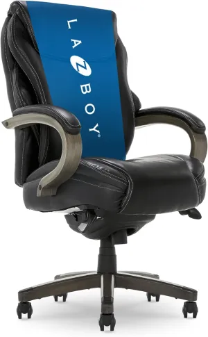 La-Z-Boy® Hyland Executive Office Chair with AIR Lumbar Technology®, Adjustable High Back Ergonomic Desk Chair with Lumbar Support, Weathered Gray Wood Finish, Bonded Leather, Black