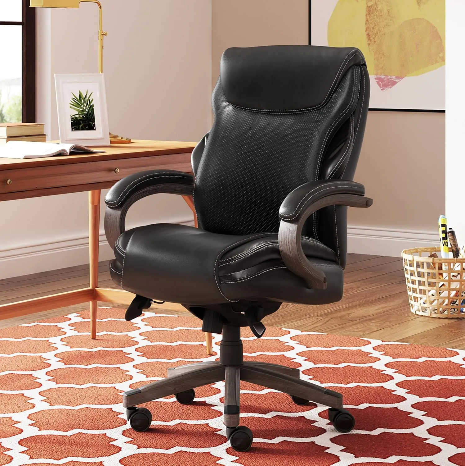 La-Z-Boy® Hyland Executive Office Chair with AIR Lumbar Technology®, Adjustable High Back Ergonomic Desk Chair with Lumbar Support, Weathered Gray Wood Finish, Bonded Leather, Black