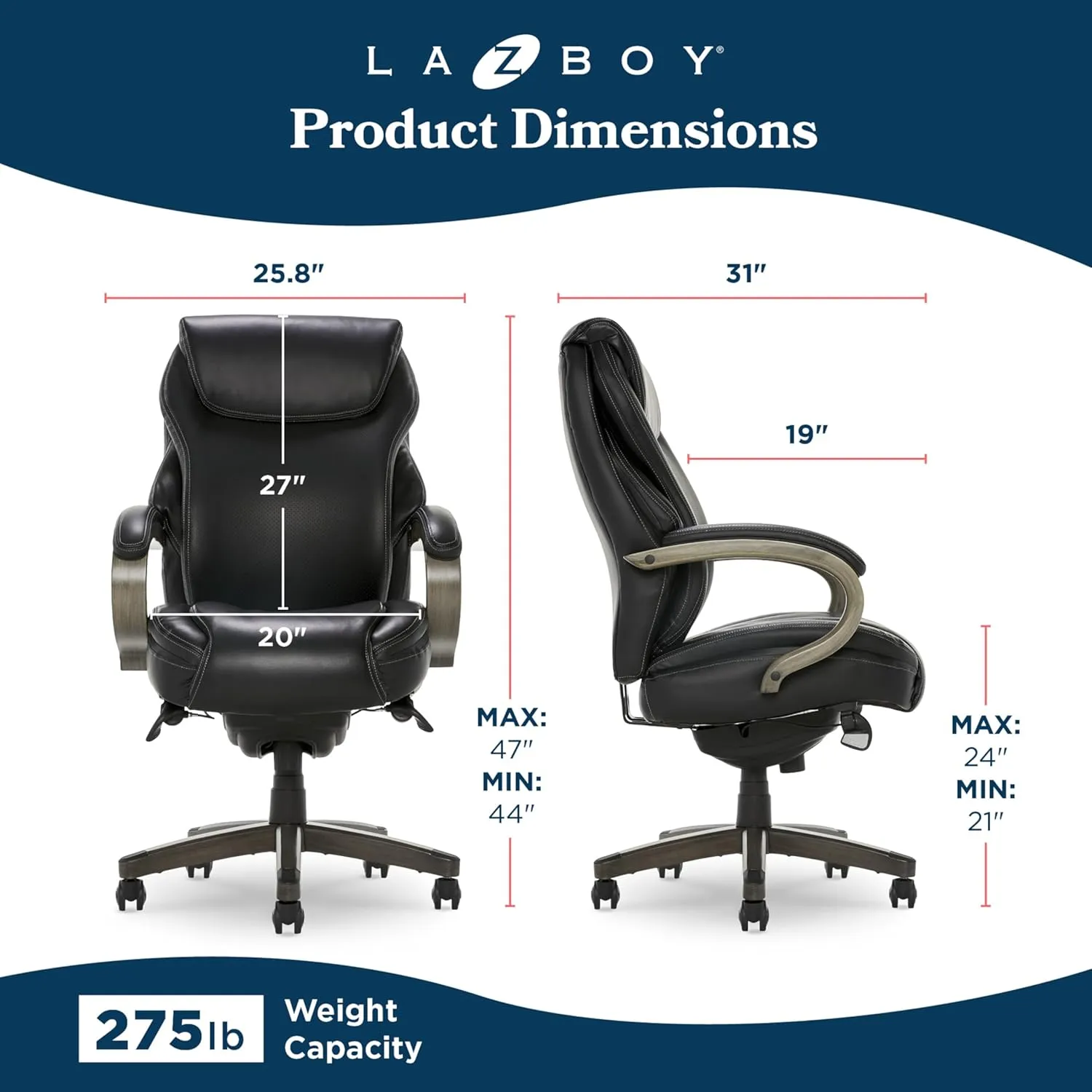 La-Z-Boy® Hyland Executive Office Chair with AIR Lumbar Technology®, Adjustable High Back Ergonomic Desk Chair with Lumbar Support, Weathered Gray Wood Finish, Bonded Leather, Black