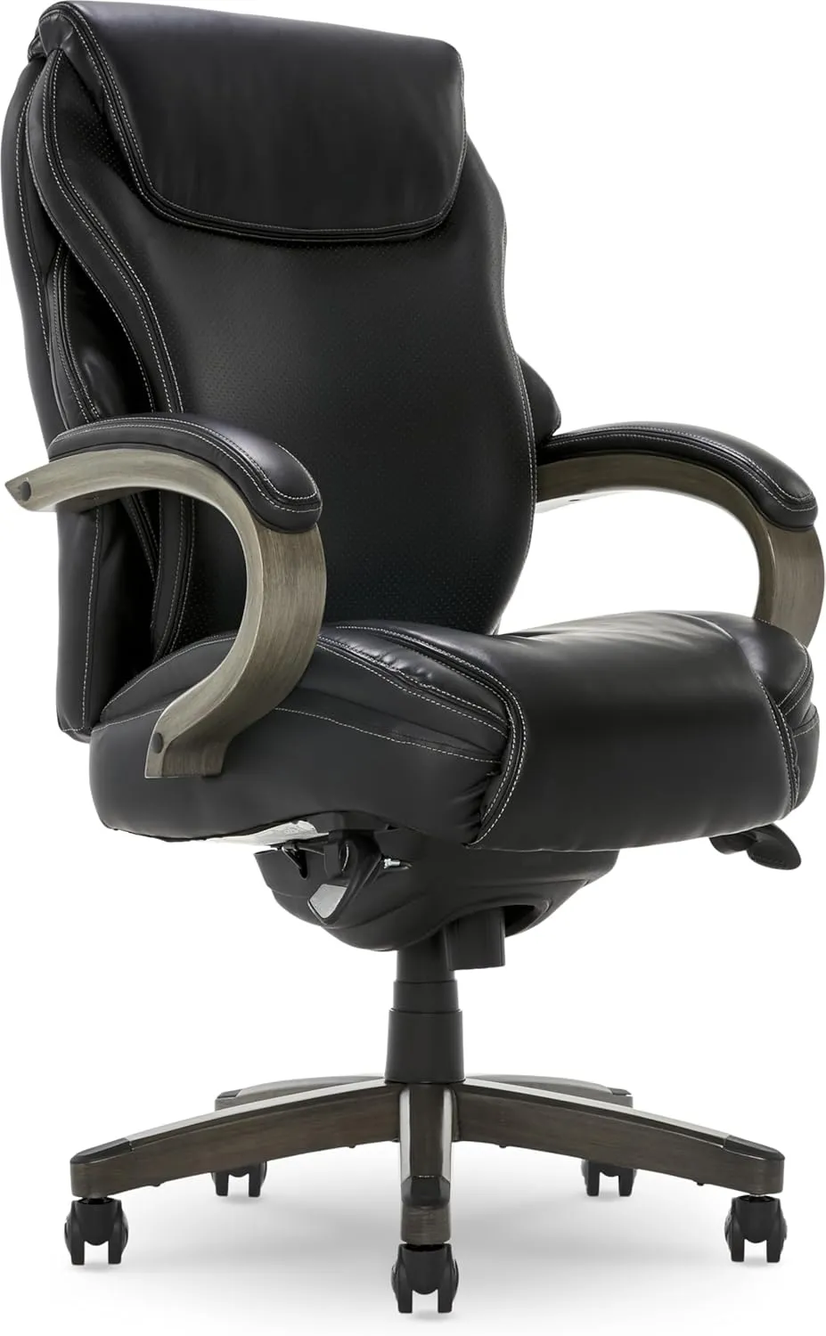 La-Z-Boy® Hyland Executive Office Chair with AIR Lumbar Technology®, Adjustable High Back Ergonomic Desk Chair with Lumbar Support, Weathered Gray Wood Finish, Bonded Leather, Black