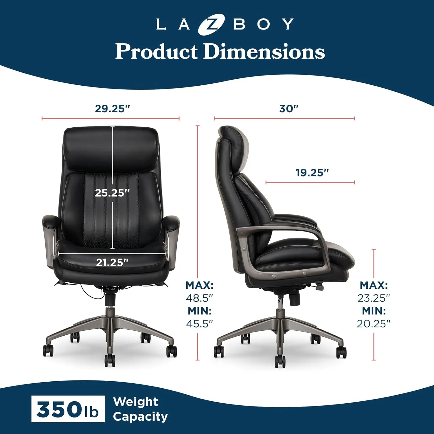 La-Z-Boy® Nova Executive Office Chair, Patented AIR Ergonomic Support Technology®, High-Back Premium Comfort & Support, Black Vegan PU Leather
