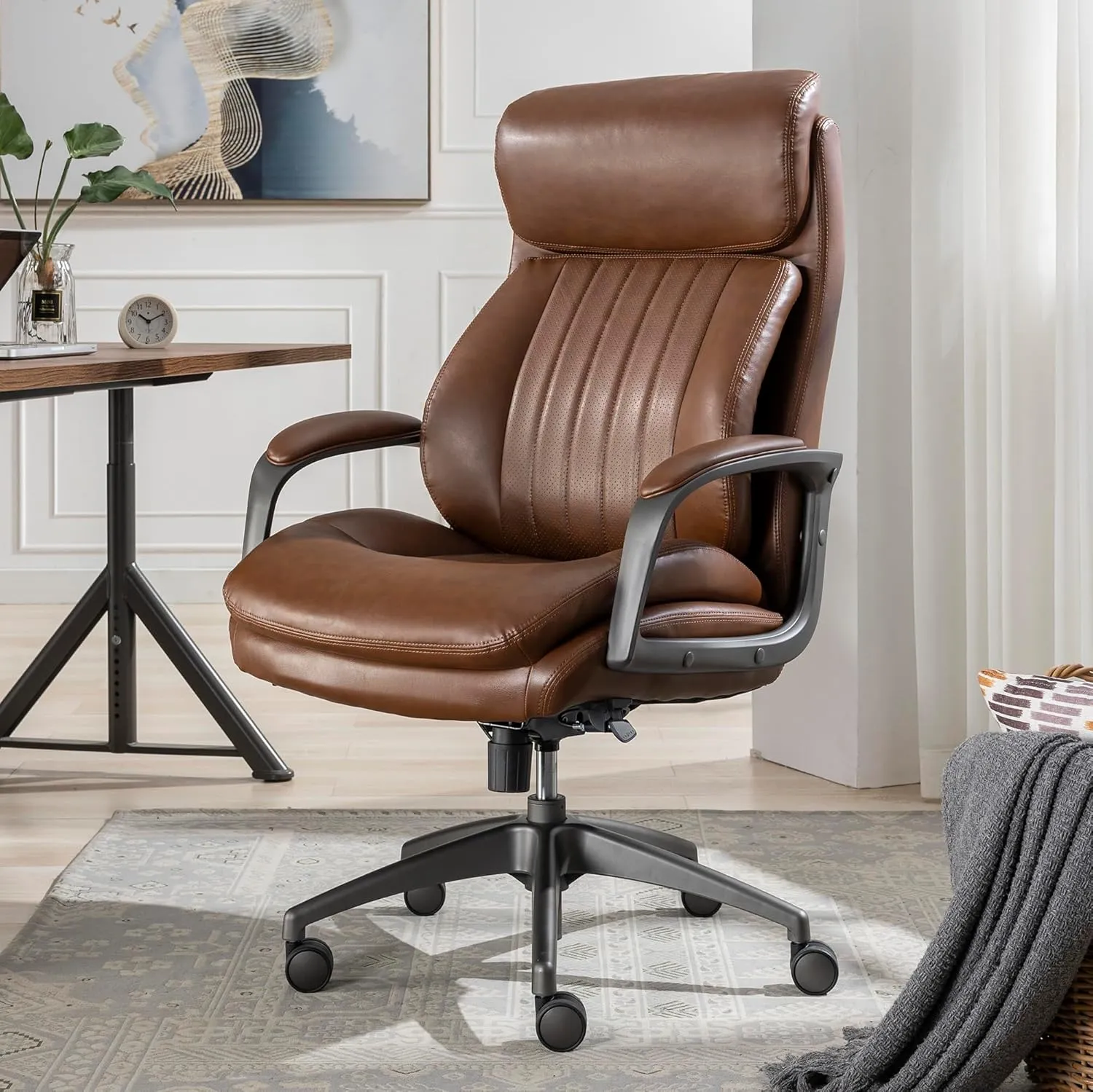 La-Z-Boy® Nova Executive Office Chair, Patented AIR Ergonomic Support Technology®, High-Back Premium Comfort & Support, Cognac Brown Vegan PU Leather