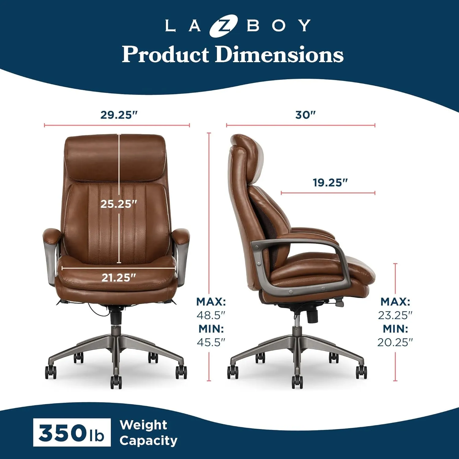 La-Z-Boy® Nova Executive Office Chair, Patented AIR Ergonomic Support Technology®, High-Back Premium Comfort & Support, Cognac Brown Vegan PU Leather