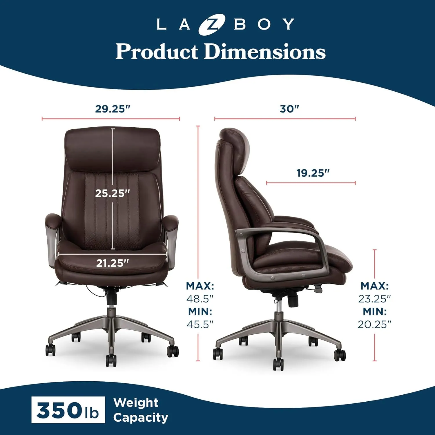 La-Z-Boy® Nova Executive Office Chair, Patented AIR Ergonomic Support Technology®, High-Back Premium Comfort & Support, Dark Brown Vegan PU Leather