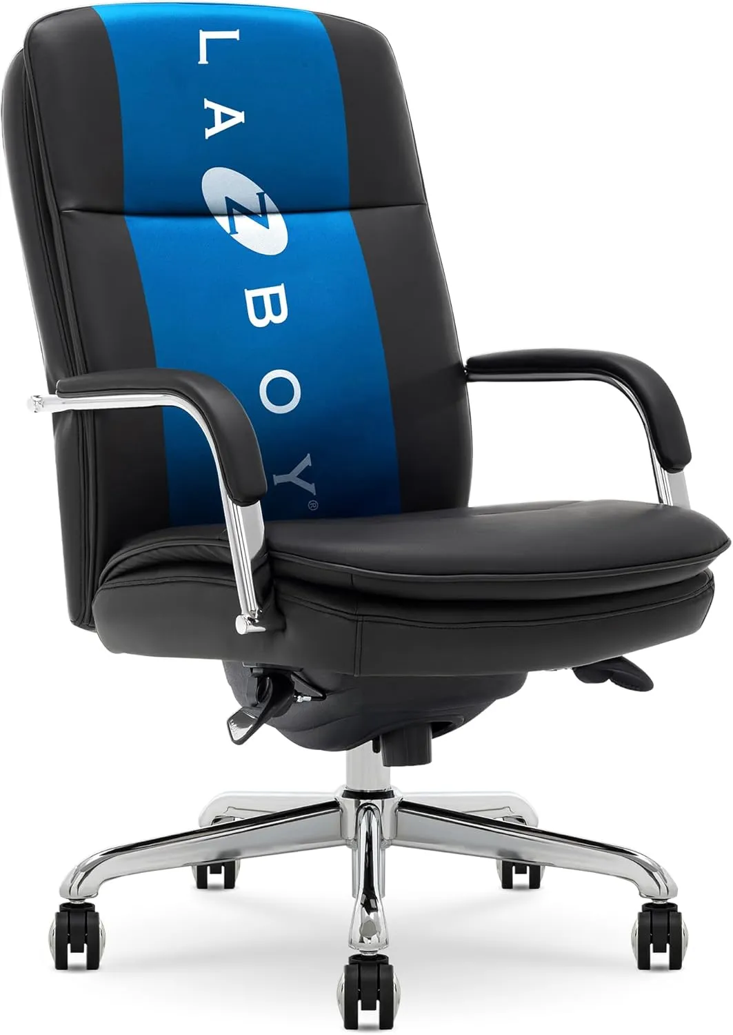 La-Z-Boy Opus Executive Mid-Back Office Chair, Channel-Tufted Seat and Back, Double-Layer Cushion, Padded Arms, Ergonomic Computer Desk Chair, Swivel Metal Base, Bonded Leather, Black and Chrome