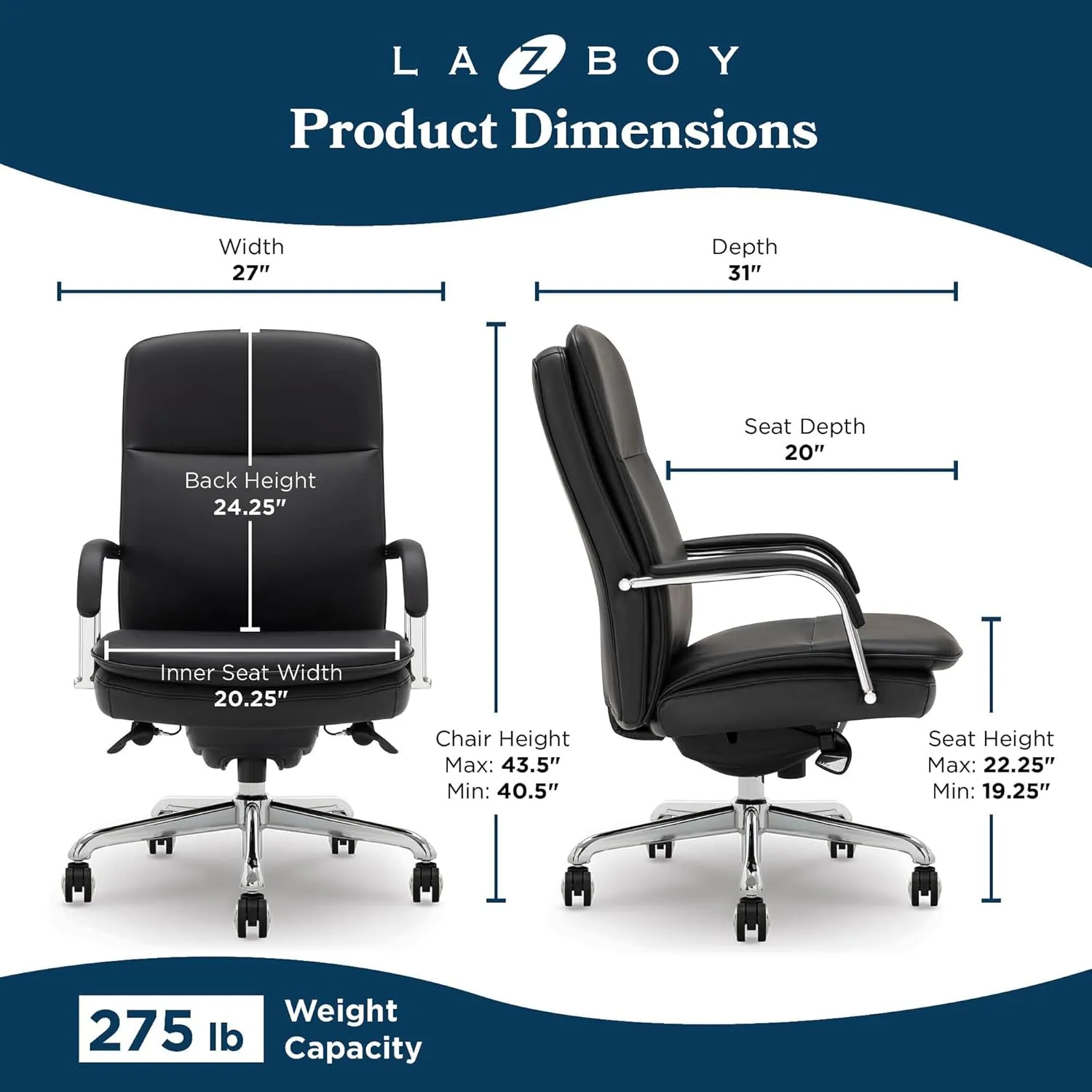 La-Z-Boy Opus Executive Mid-Back Office Chair, Channel-Tufted Seat and Back, Double-Layer Cushion, Padded Arms, Ergonomic Computer Desk Chair, Swivel Metal Base, Bonded Leather, Black and Chrome