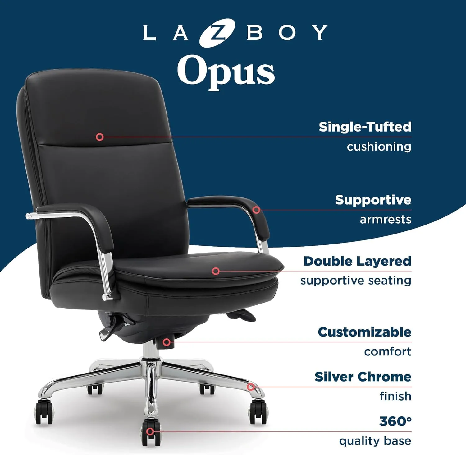 La-Z-Boy Opus Executive Mid-Back Office Chair, Channel-Tufted Seat and Back, Double-Layer Cushion, Padded Arms, Ergonomic Computer Desk Chair, Swivel Metal Base, Bonded Leather, Black and Chrome